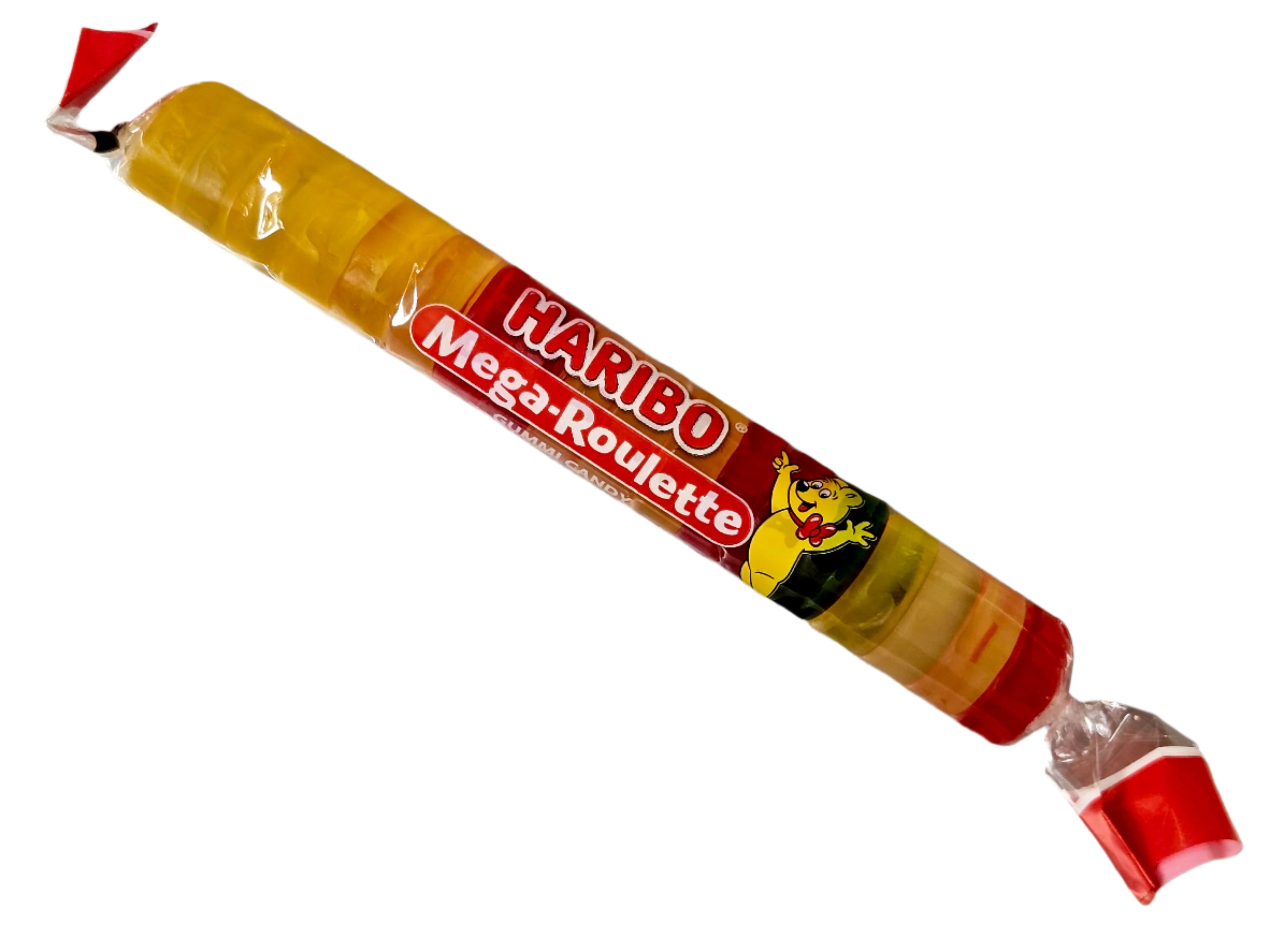 Haribo Mega Roulette gummy roll in yellow candy stick with red white branding