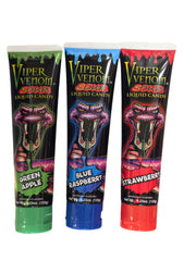 Three Viper Venom sour liquid candy tubes in green apple, blue raspberry, strawberry flavors