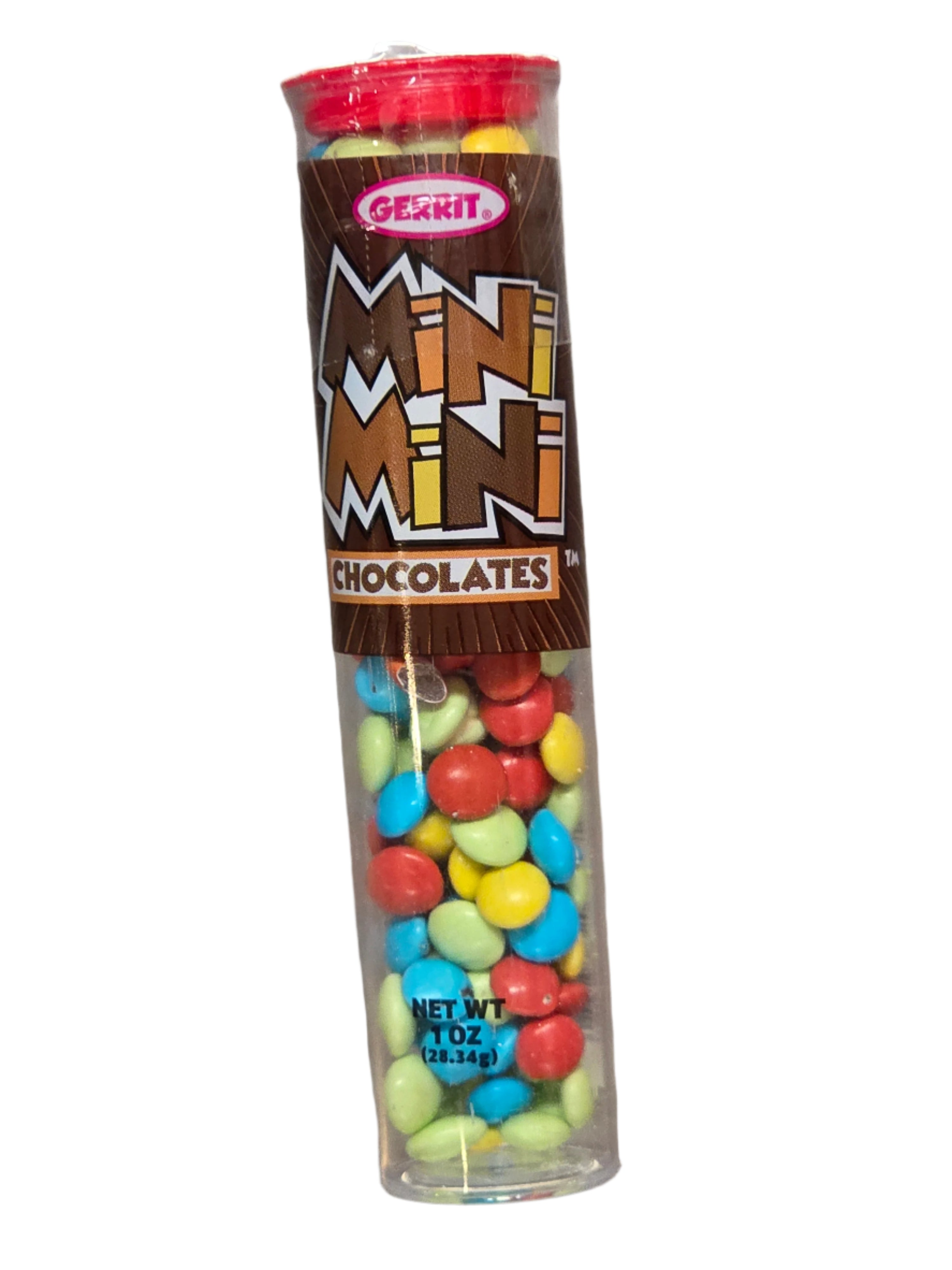 Gerrits Mini Mini Chocolate Tube with colorful candies in clear container