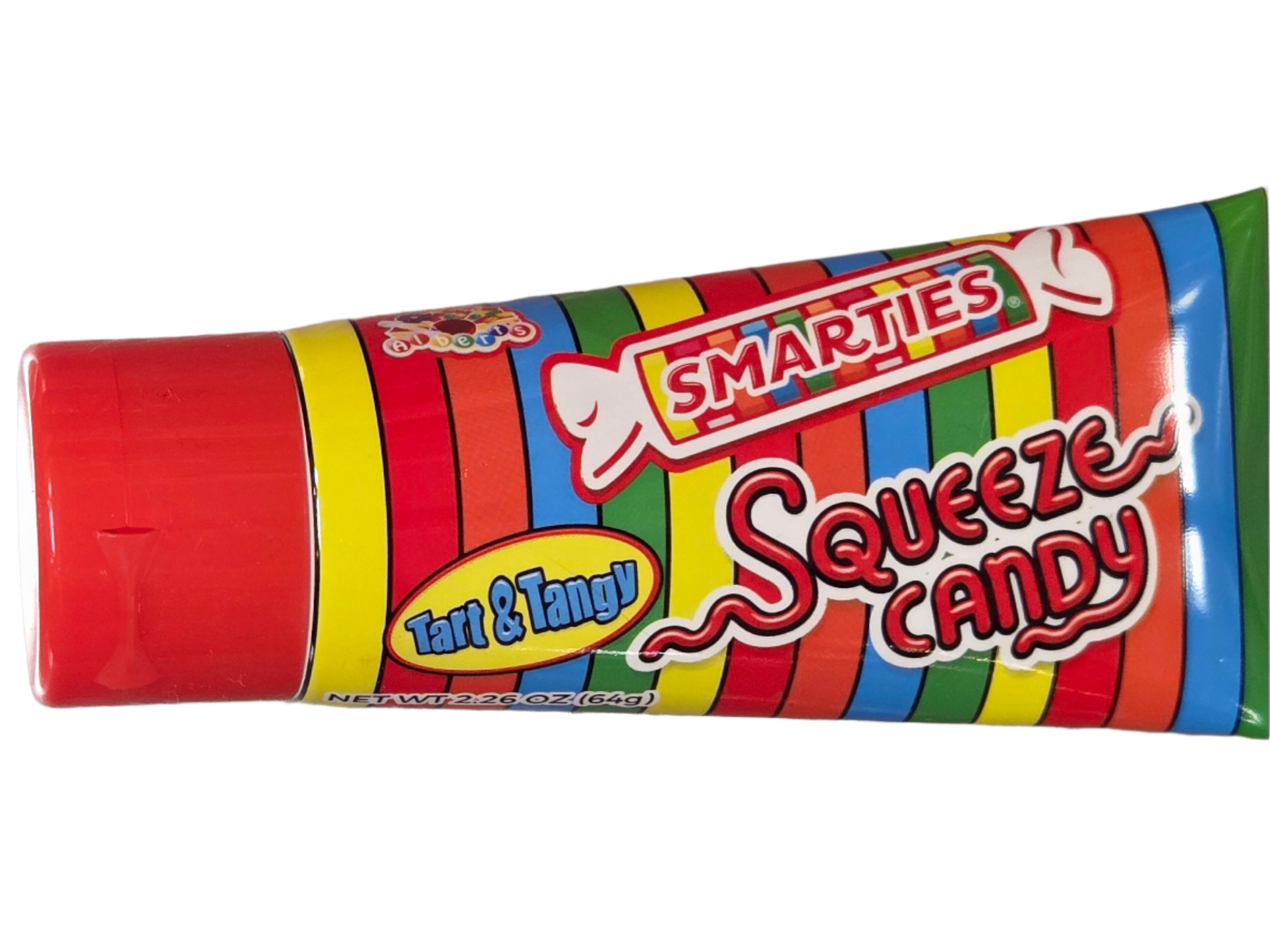 Rainbow-striped Smarties Squeeze Tube Candy with red cap and tart & tangy flavor