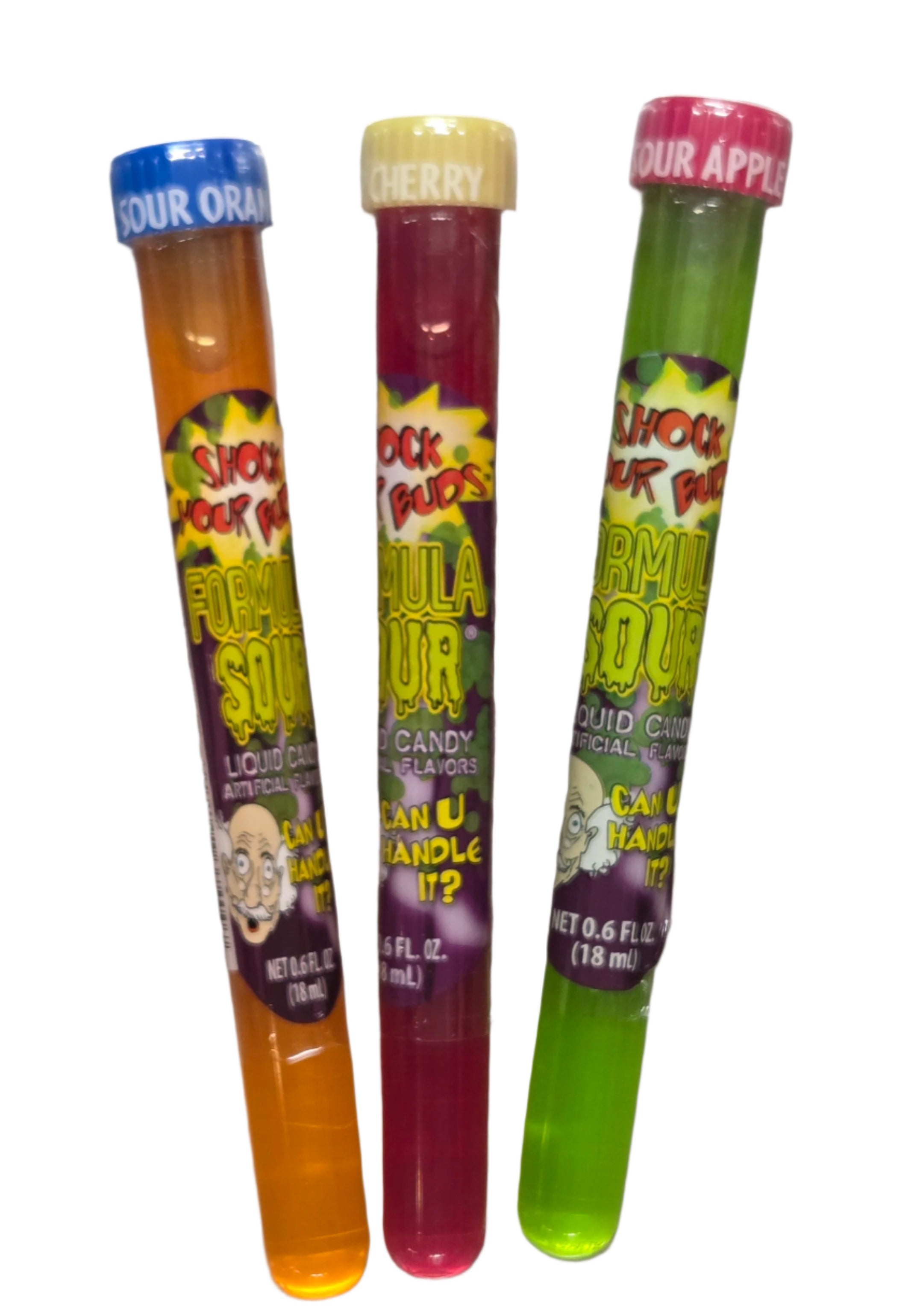 Three colorful transparent tubes of Formula Sours Liquid Candy in orange, cherry, apple flavors