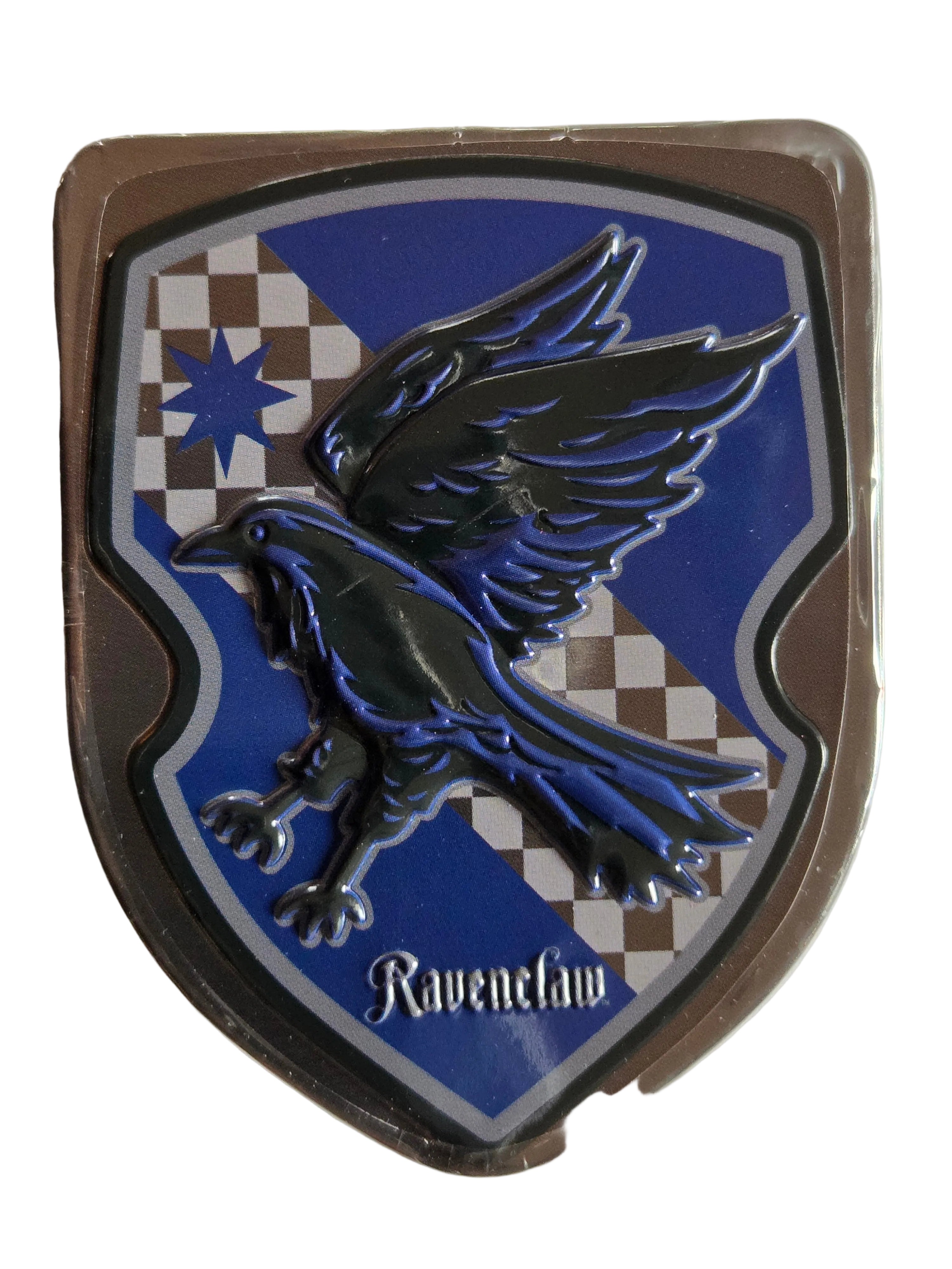 Shiny black raven on blue white checkered shield badge for Ravenclaw in Harry Potter House Crest Tin
