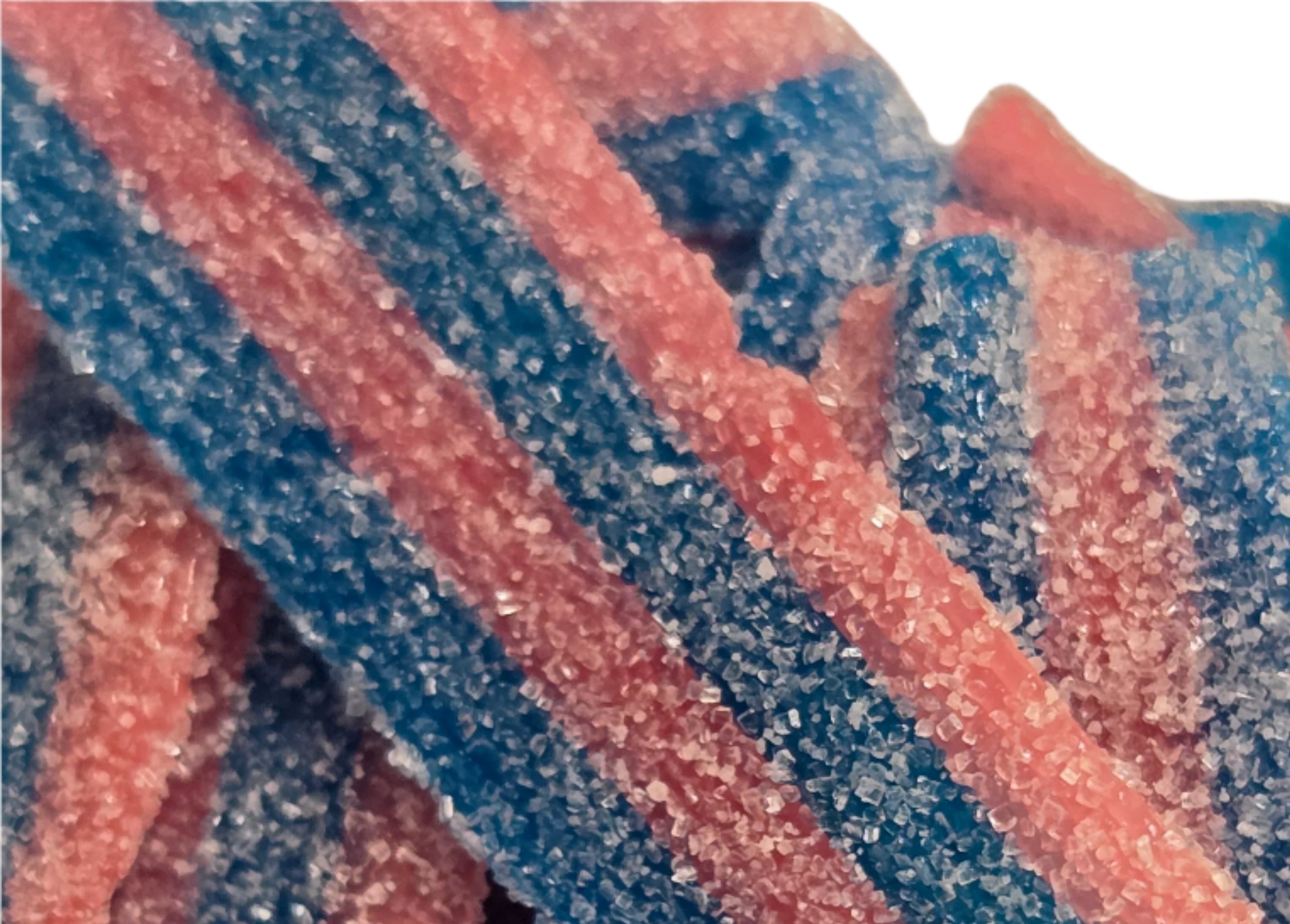 Blue and pink striped Sour Power Belt Bites Cotton Candy gummy sticks