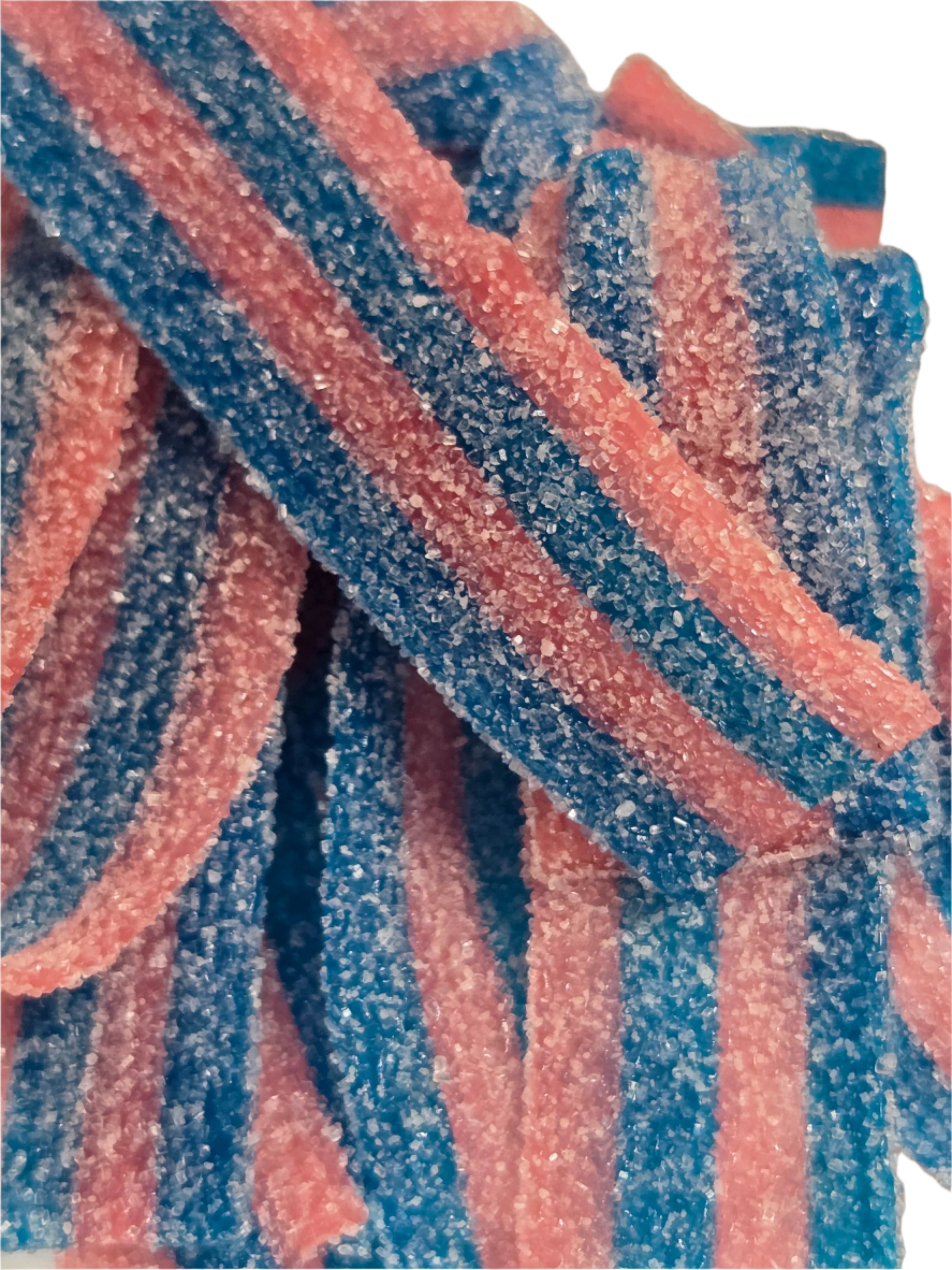 Blue and pink striped Sour Power Belt Bites Cotton Candy gummy sticks