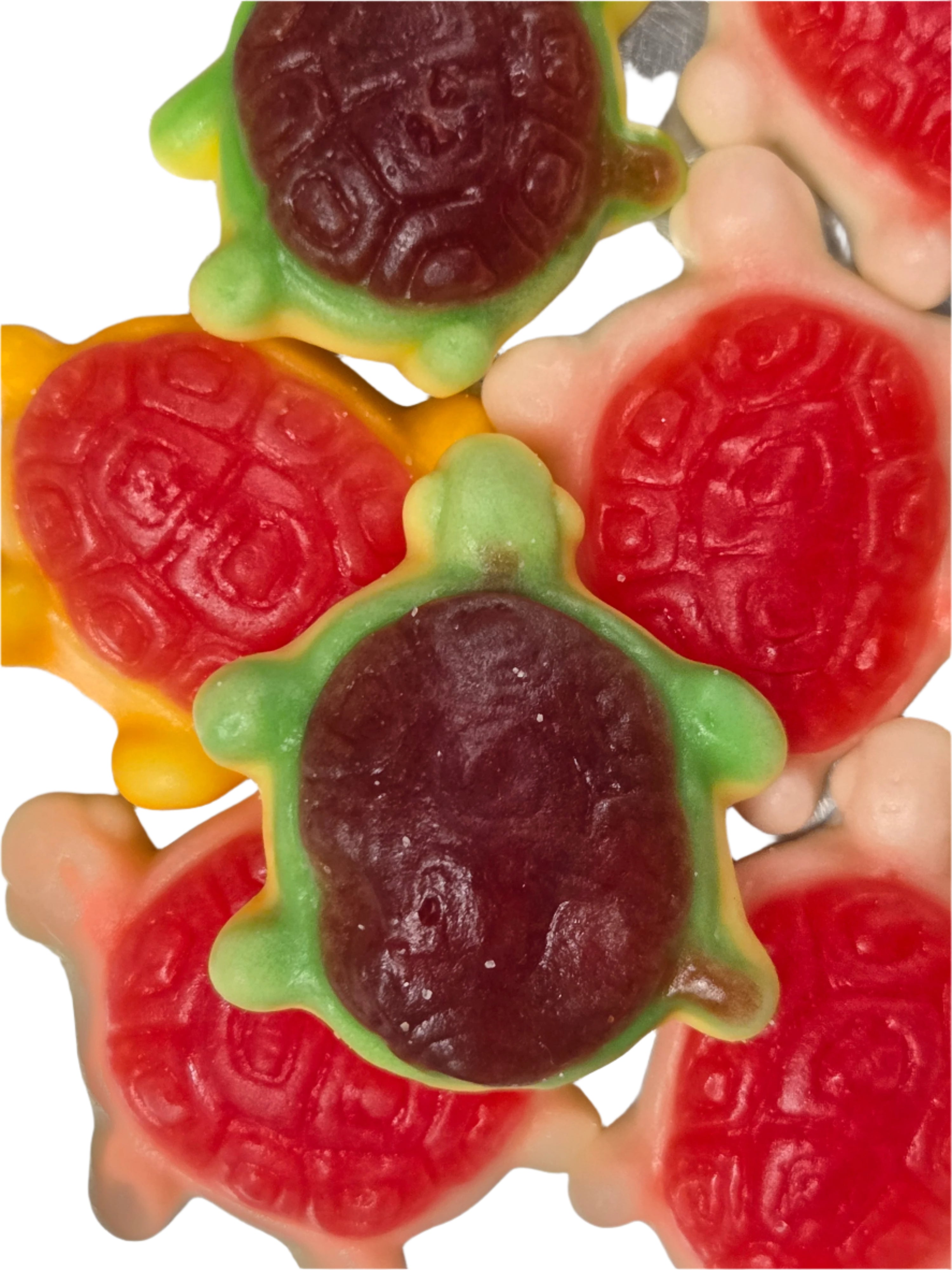 Colorful red, yellow, and green turtle gummies with detailed shell patterns