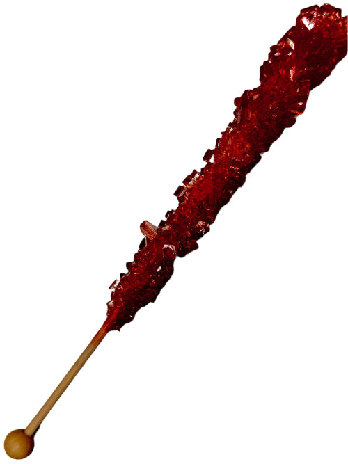 Vibrant red strawberry rock candy stick with wooden handle