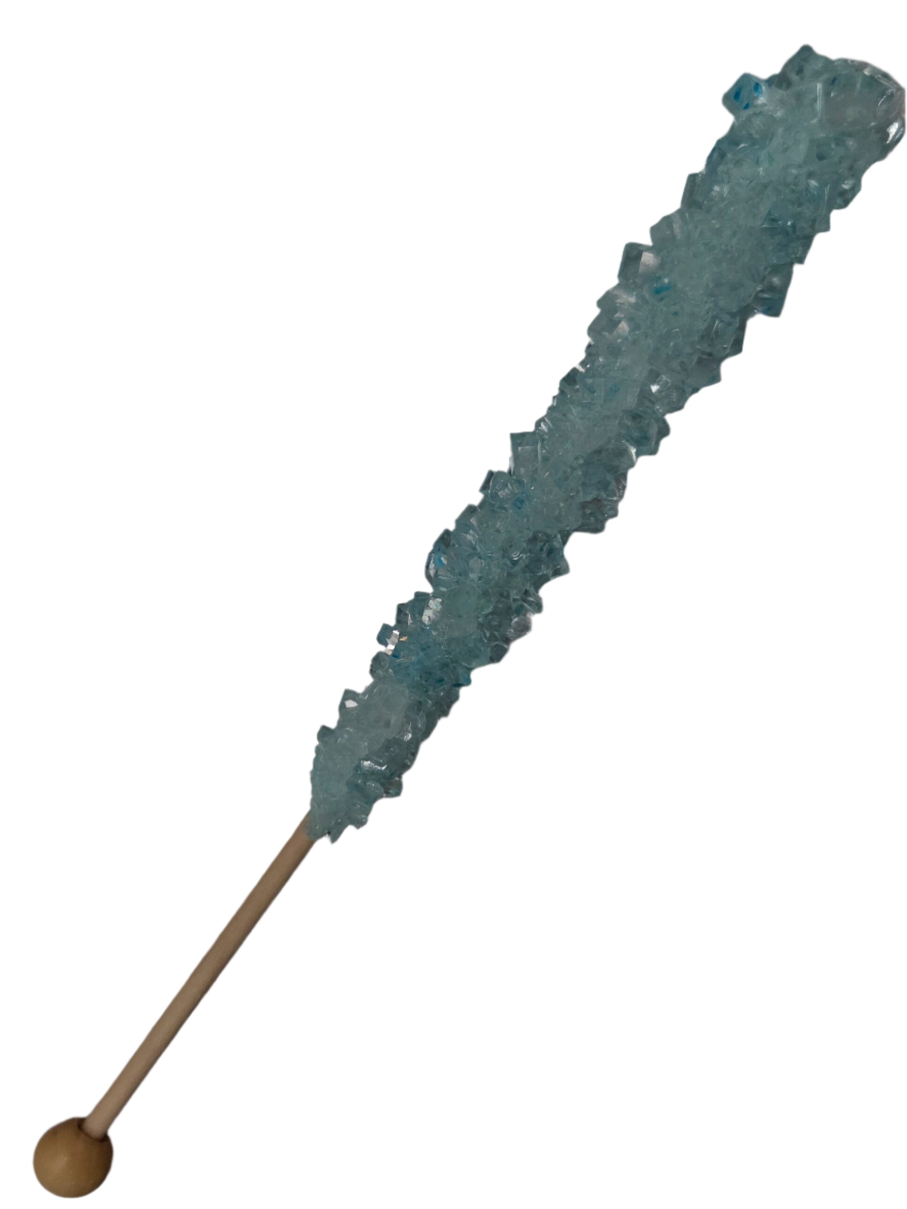 Translucent light blue rock candy stick with wooden handle and rounded end