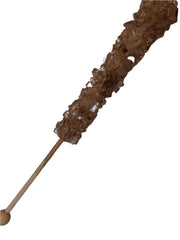 Root beer rock candy stick with caramel color, wooden handle, and rounded end