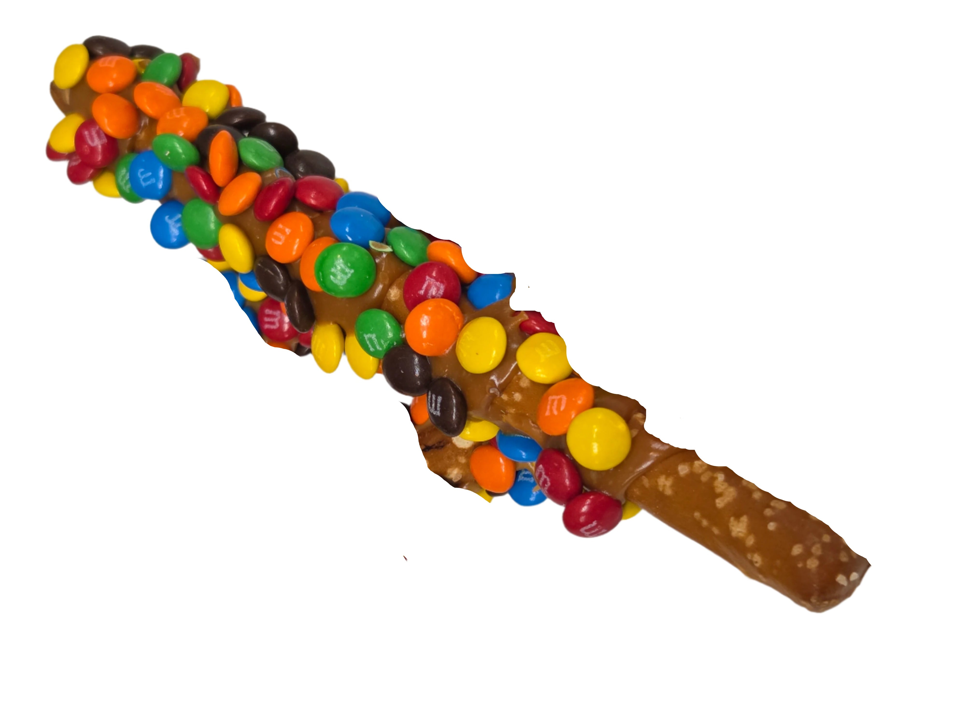 Colorful M&M’s coated caramel pretzel rods in cross shape