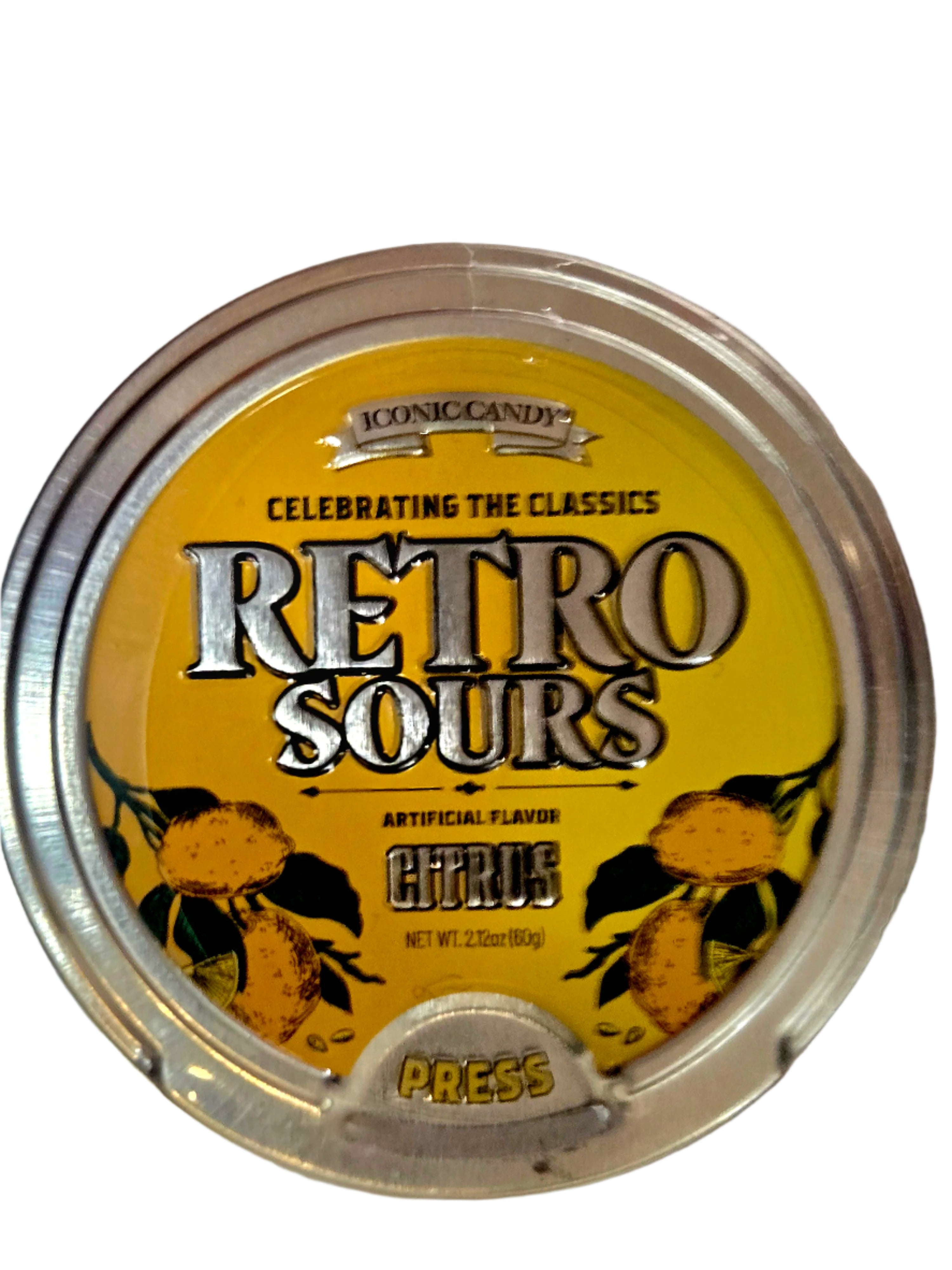 Retro Sours Citrus Tin: yellow cylindrical candy container with silver lid and lemon illustrations