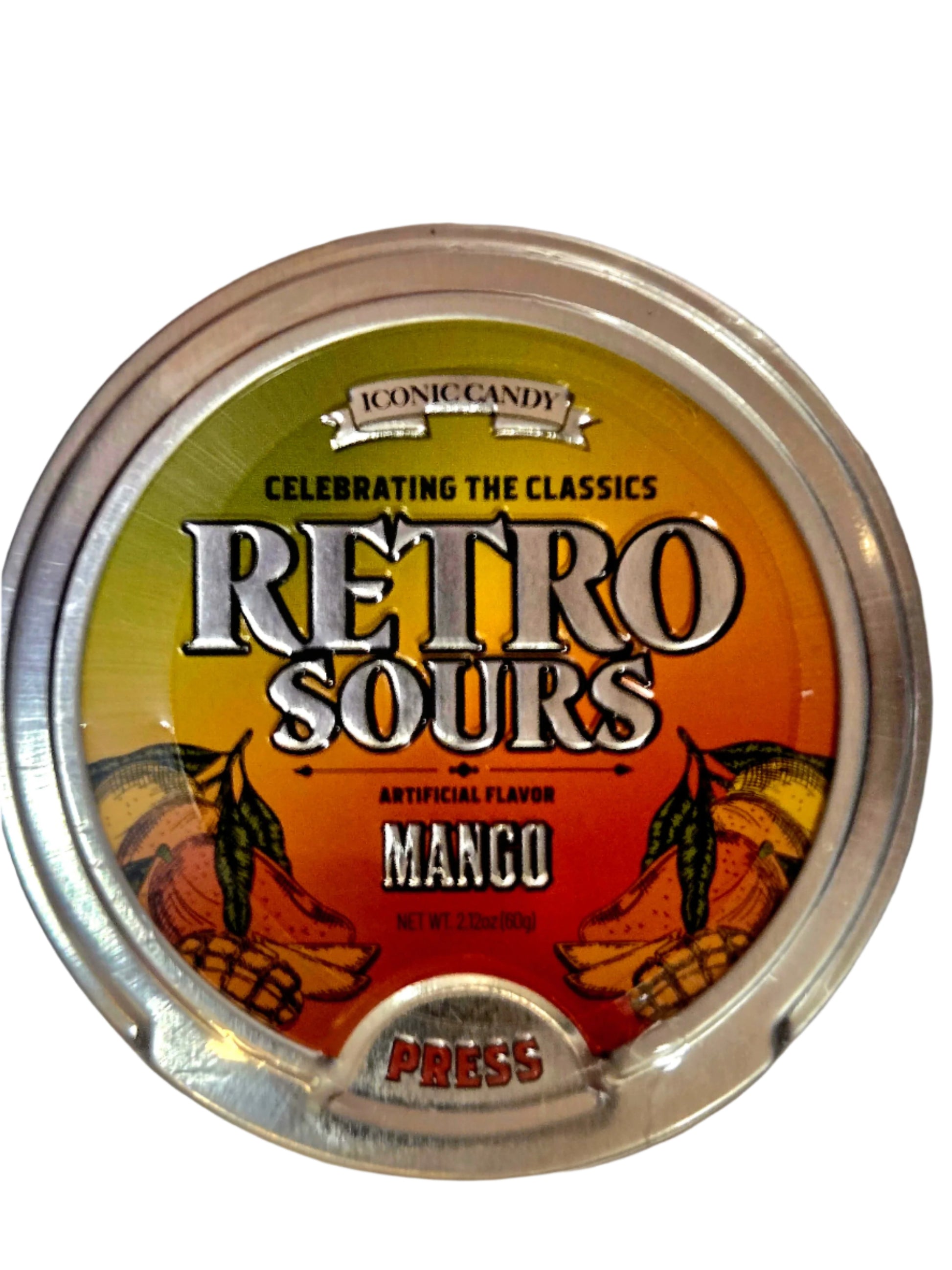 Retro Sours Mango Tin with colorful mango illustrations