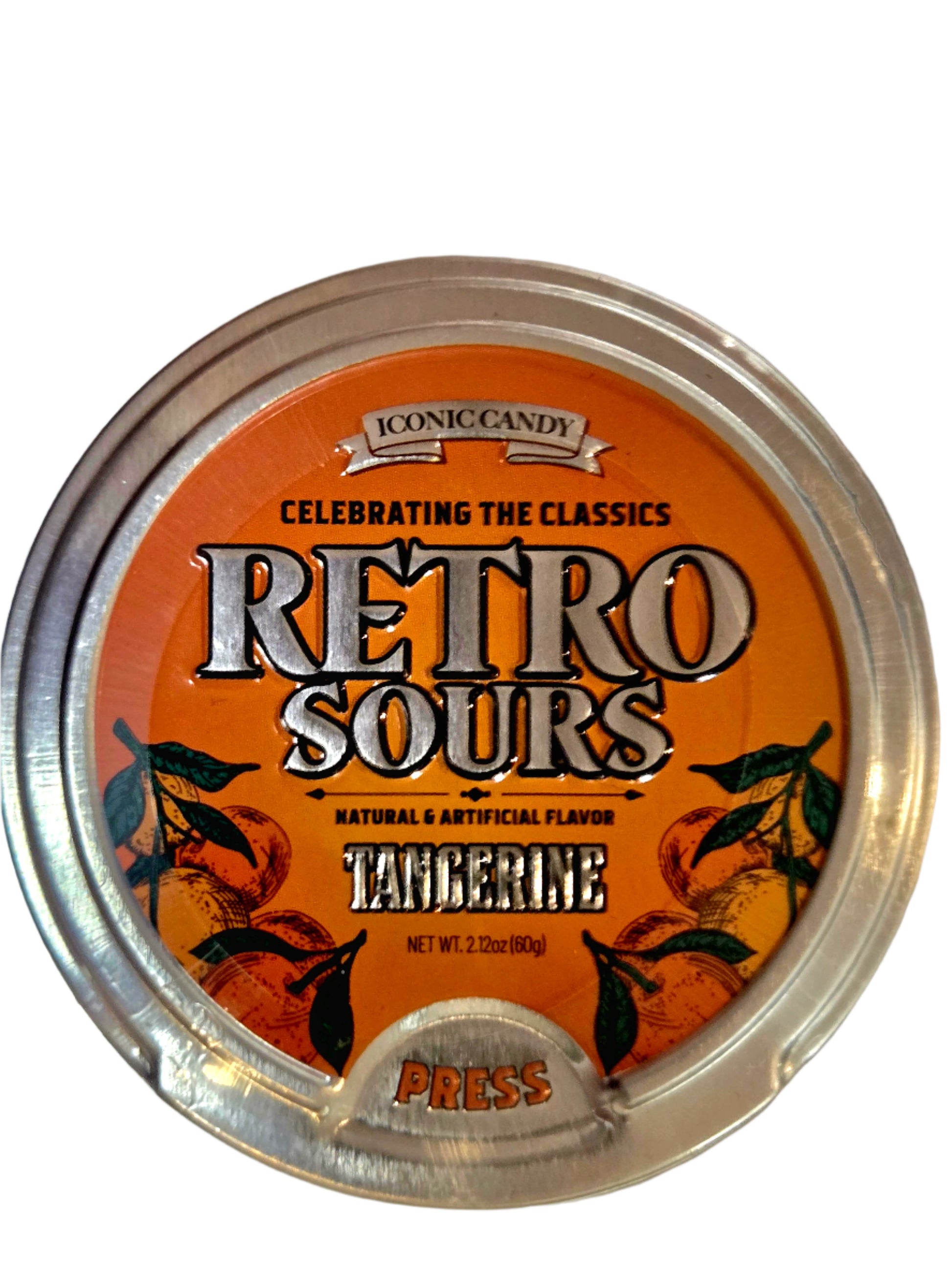 Retro Sours Tangerine Tin: orange-labeled circular candy tin with silver lid