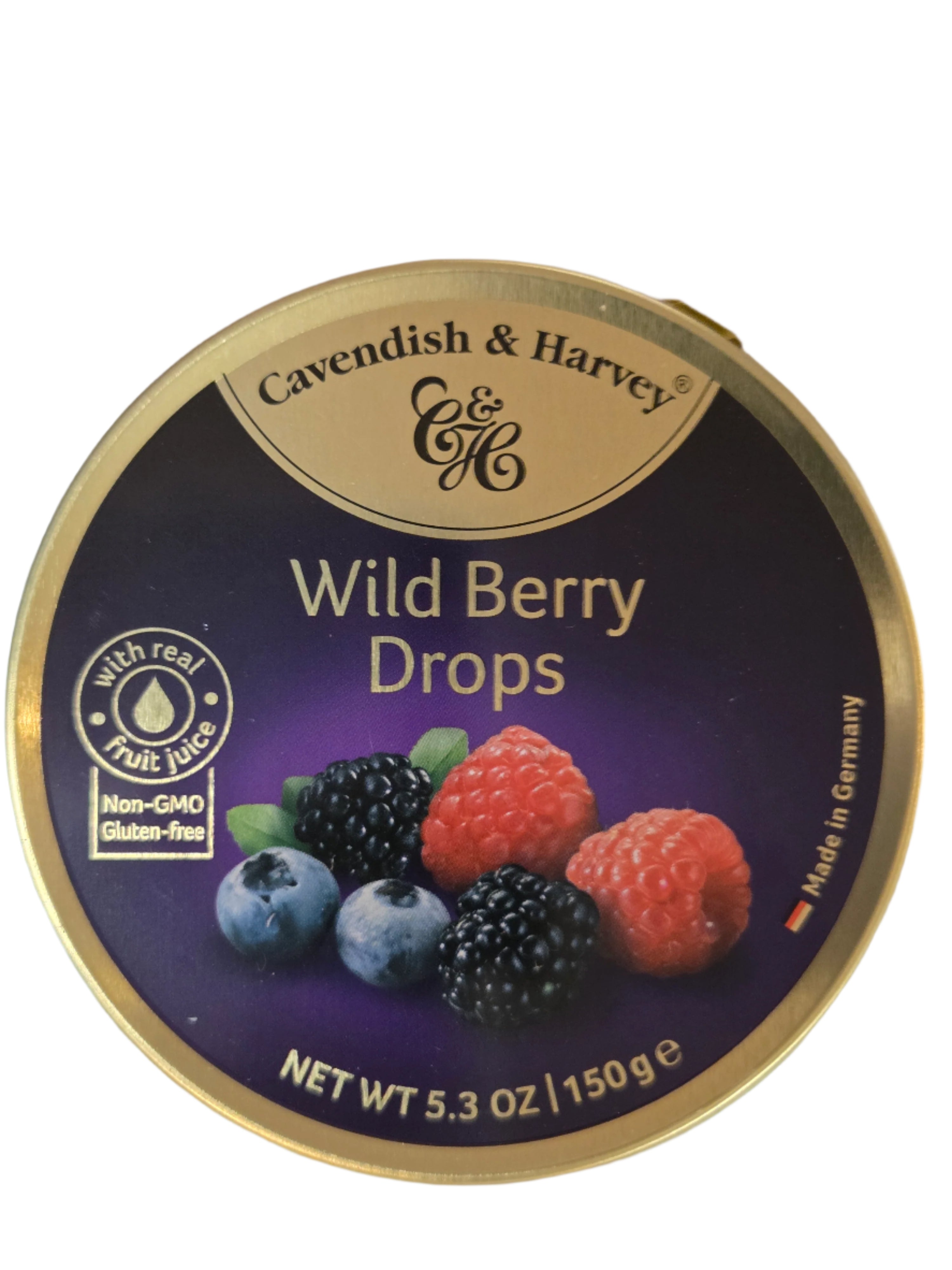 Cavendish Wild Berry Drops in gold-rimmed purple tin