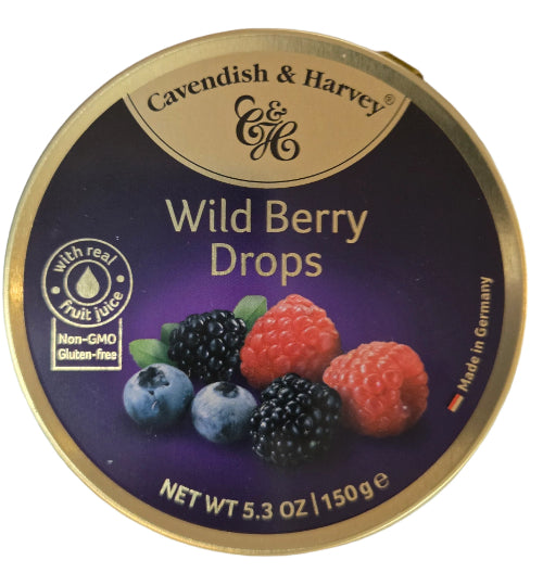 Cavendish Wild Berry Drops in gold-rimmed purple tin