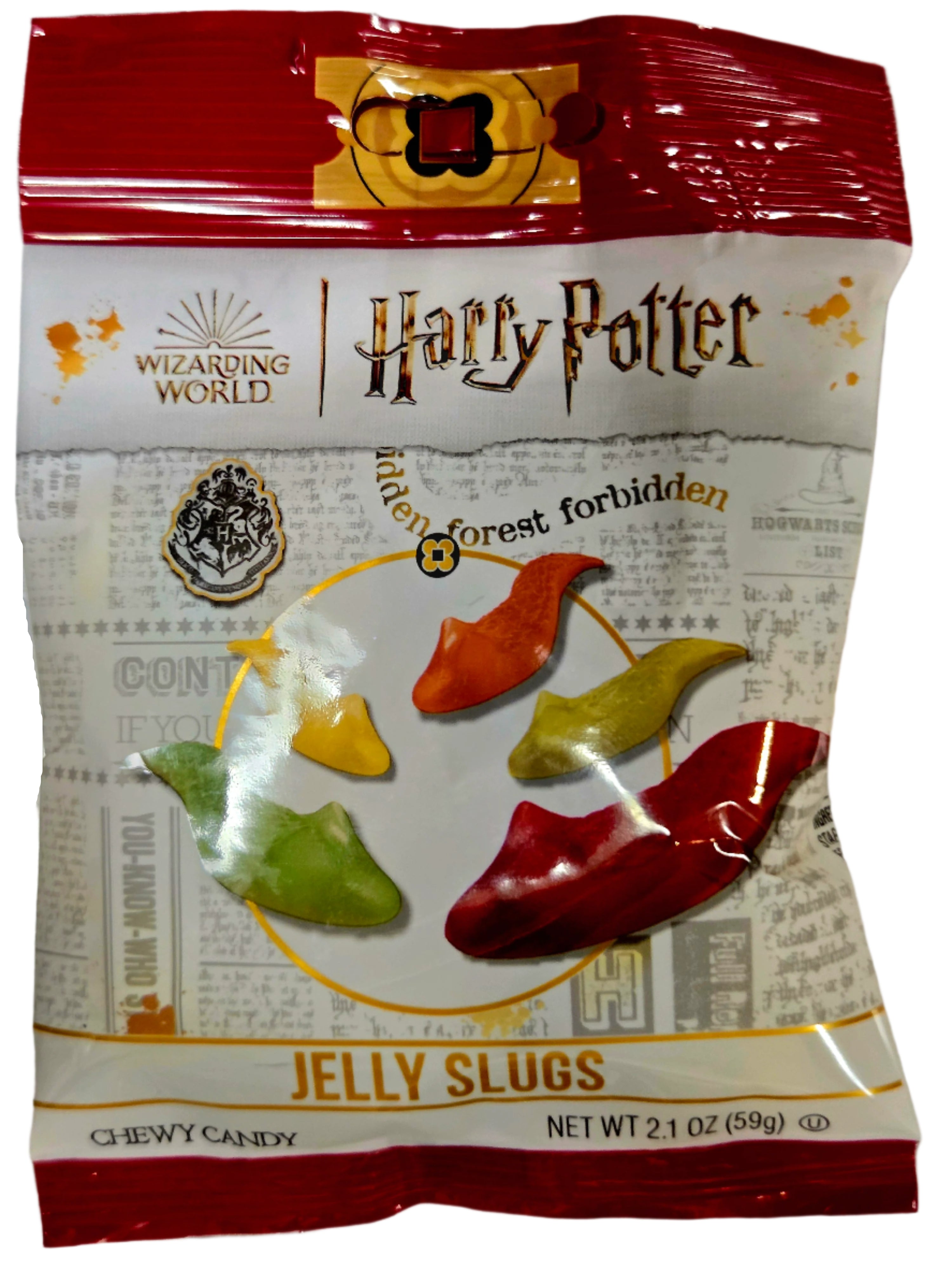 Harry Potter gummy slugs candy in red and white resealable bag