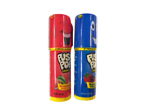 Push Pop Candy: red and blue cylindrical containers with cartoon faces