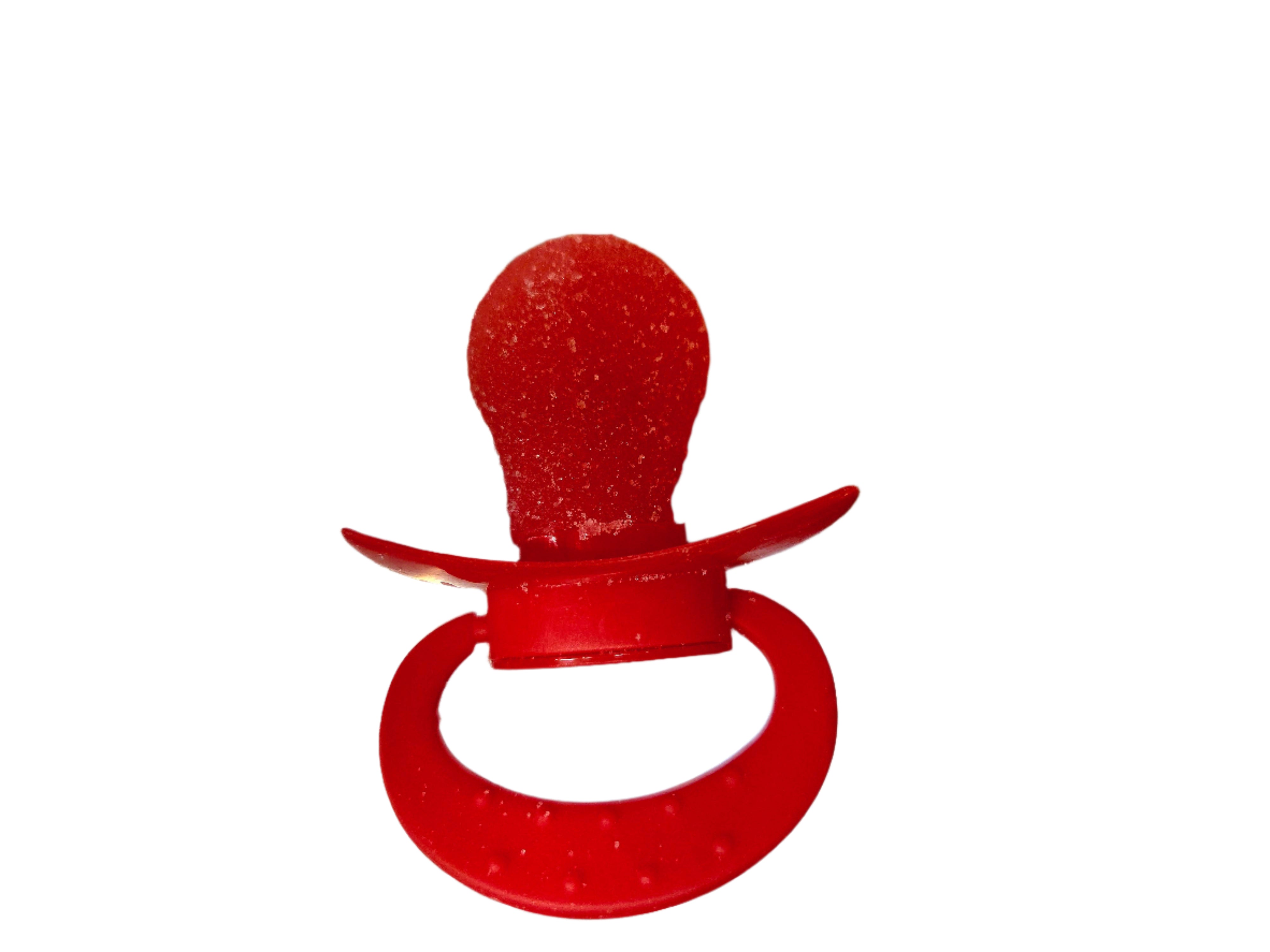 Red glittery Sour Pacifier Candy Pop with rounded shield and ring