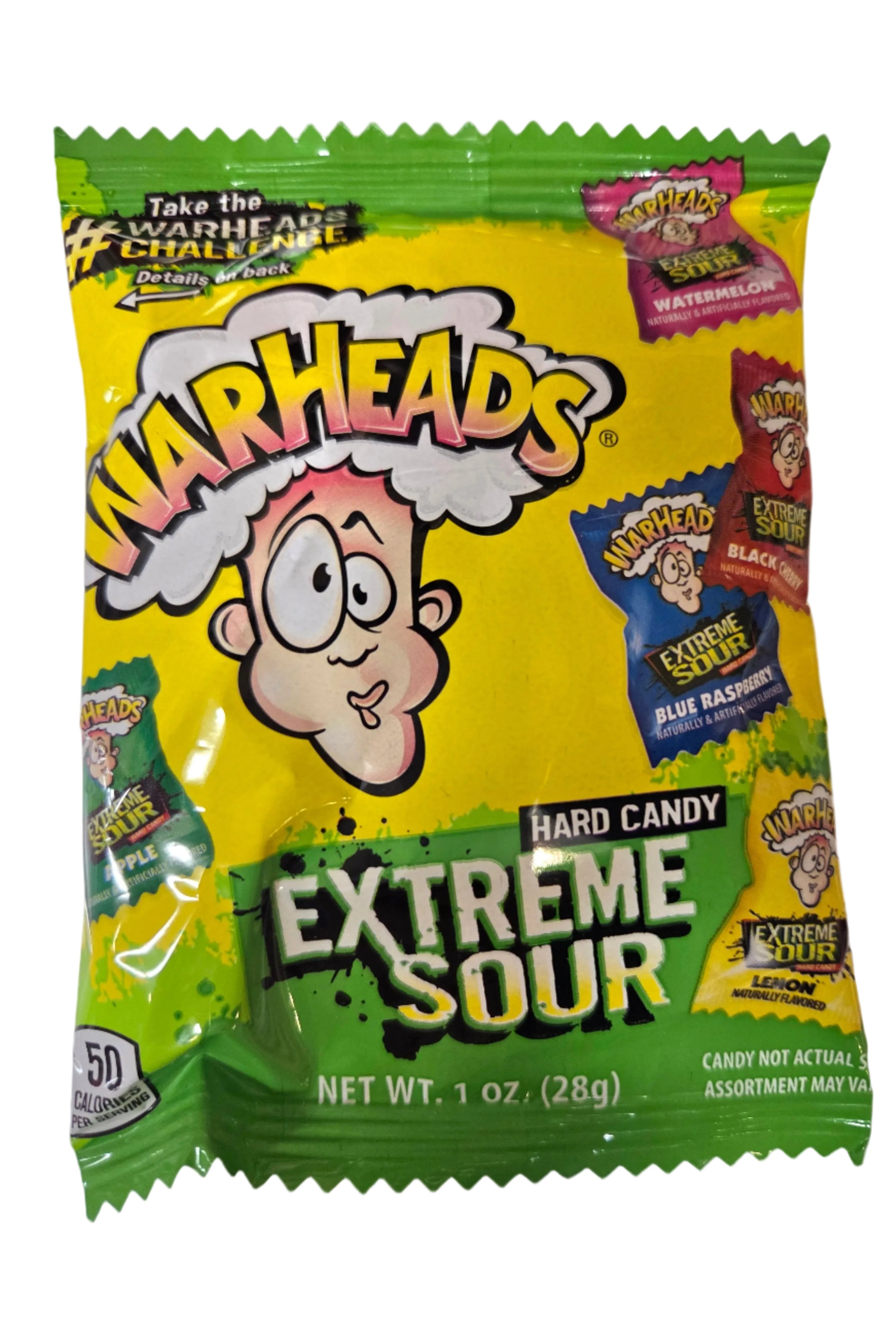 Warheads Mega Sours Asst: Yellow-green package with white-haired cartoon