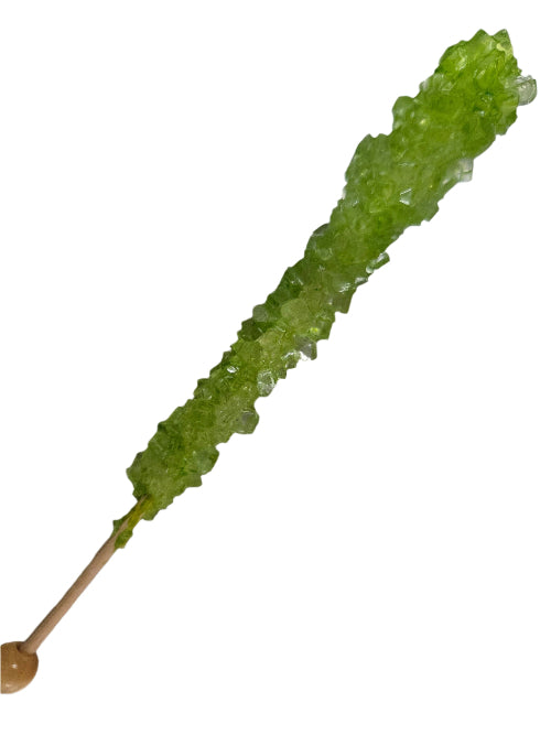 Vibrant lime-green watermelon rock candy stick on wooden base