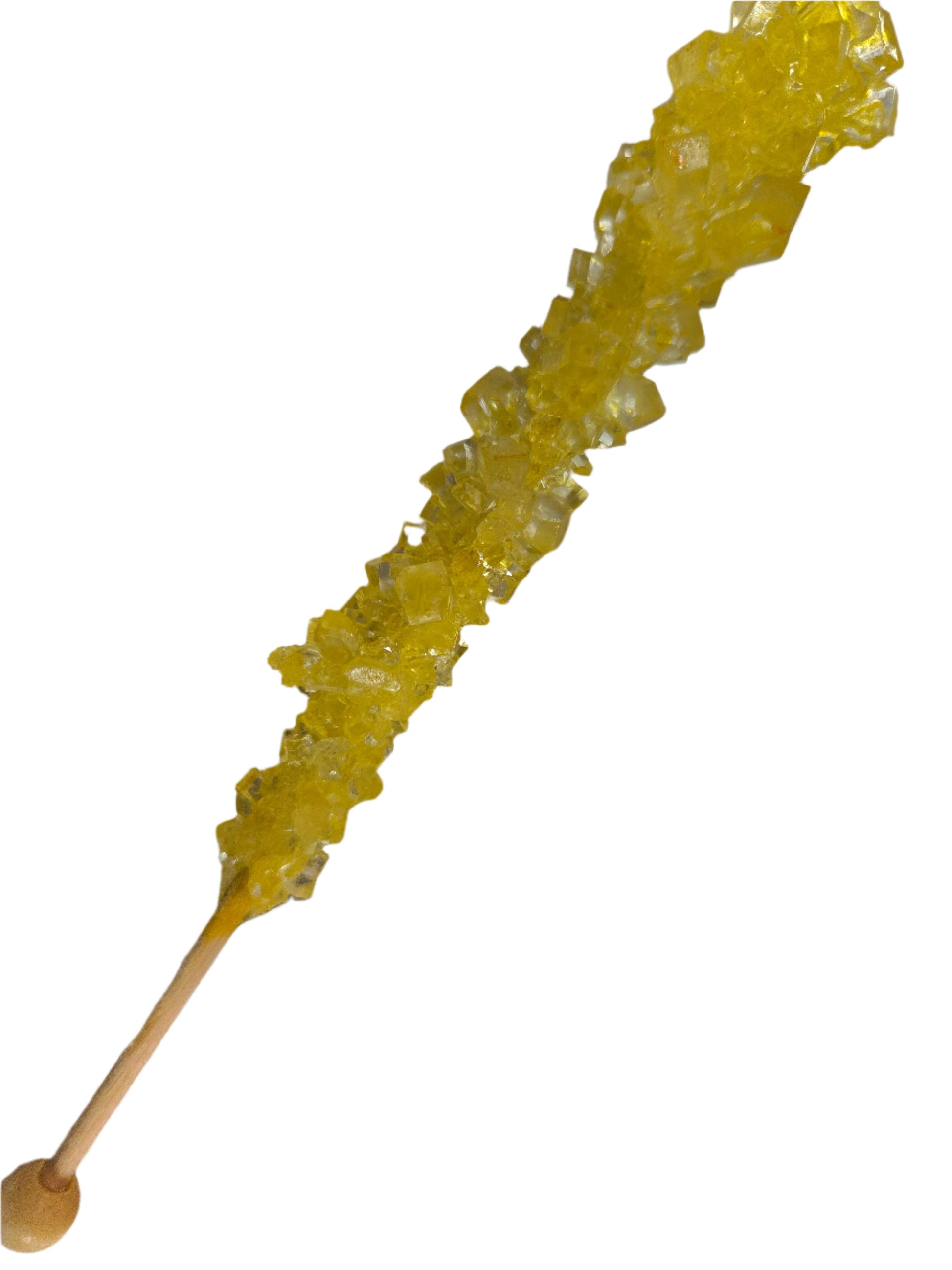 Translucent yellow rock candy stick with wooden handle, banana flavor