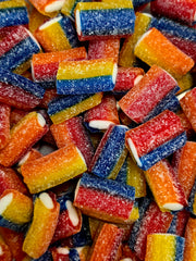 Sour Rainbow Twists: colorful sugar-coated gummy candy sticks in vibrant stripes