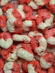 Crazy Bites Gummy Cherry Rings: red and white crispy cereal rings with sugary coating, 2.5oz