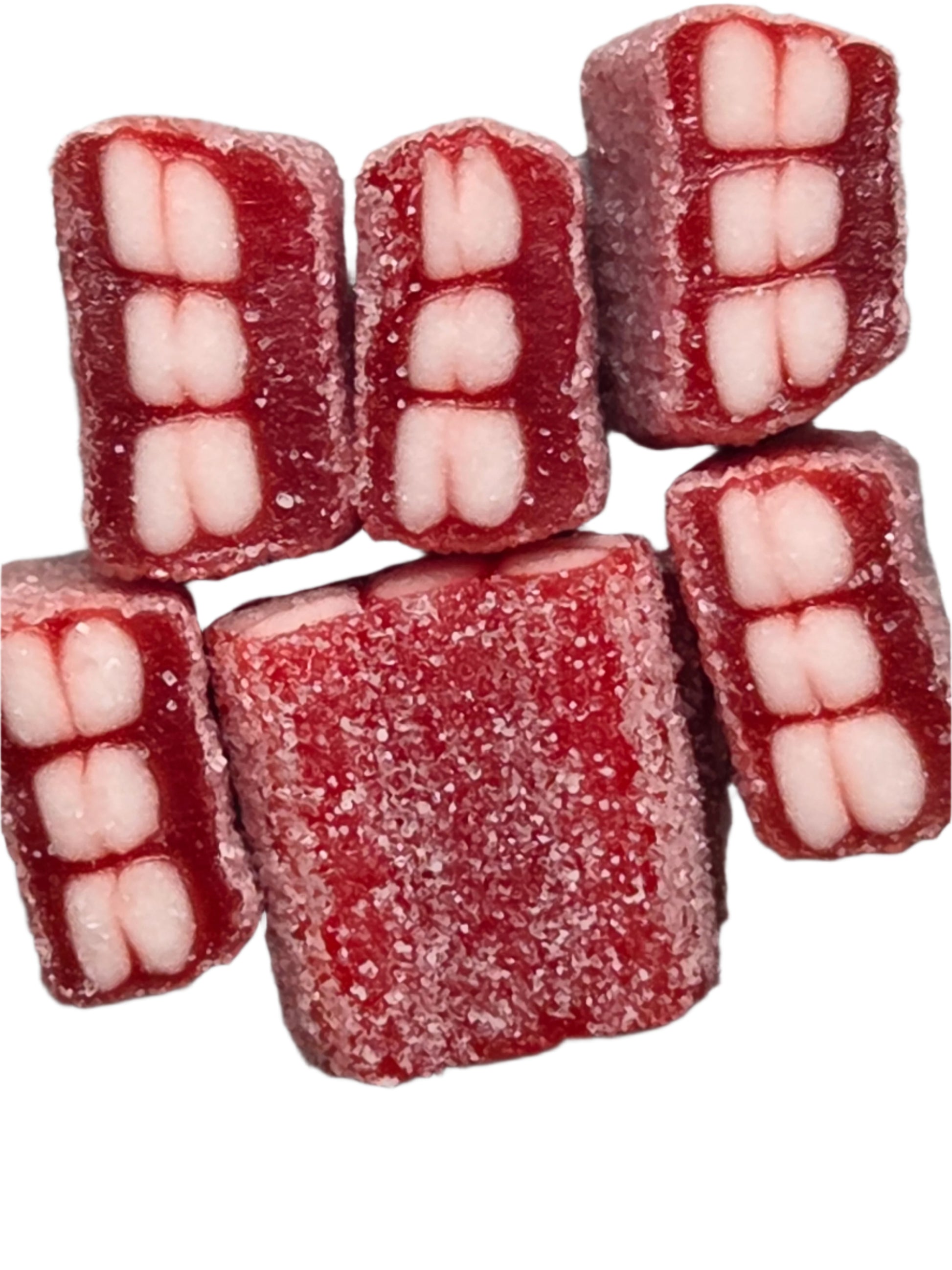 Red sugar-coated gummy teeth candies from Strawberry Bricks Sours