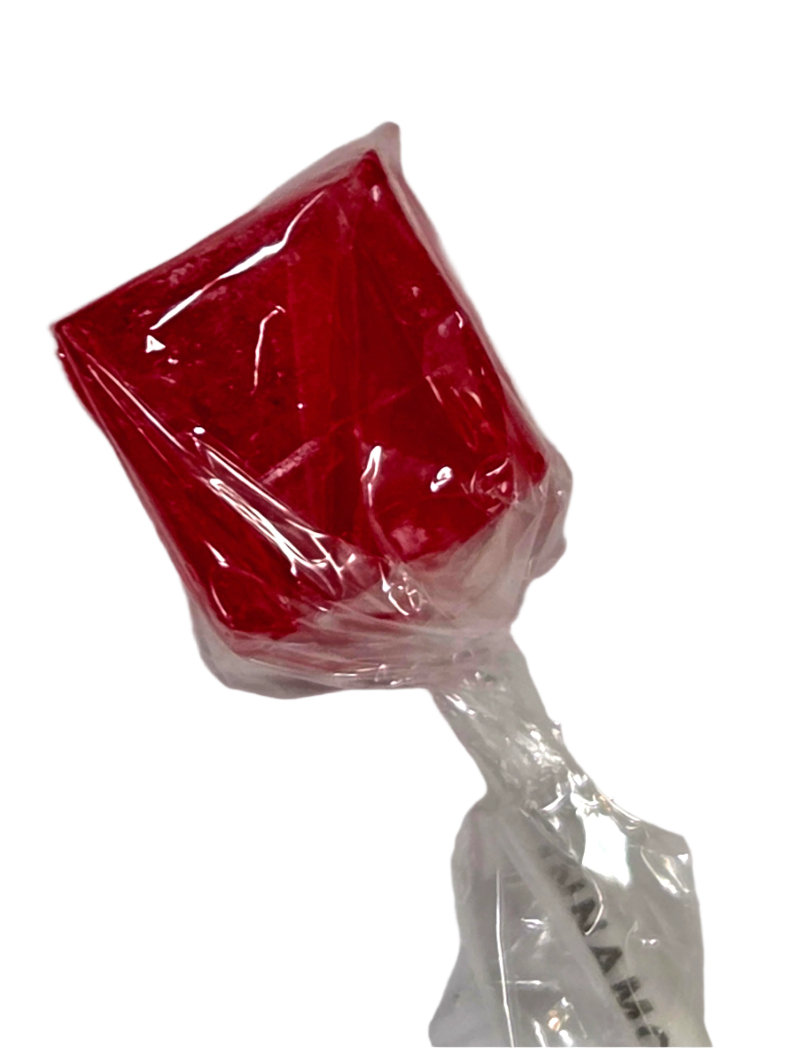 Vibrant red glossy Cinnamon Cube Pop lollipop in clear plastic wrap