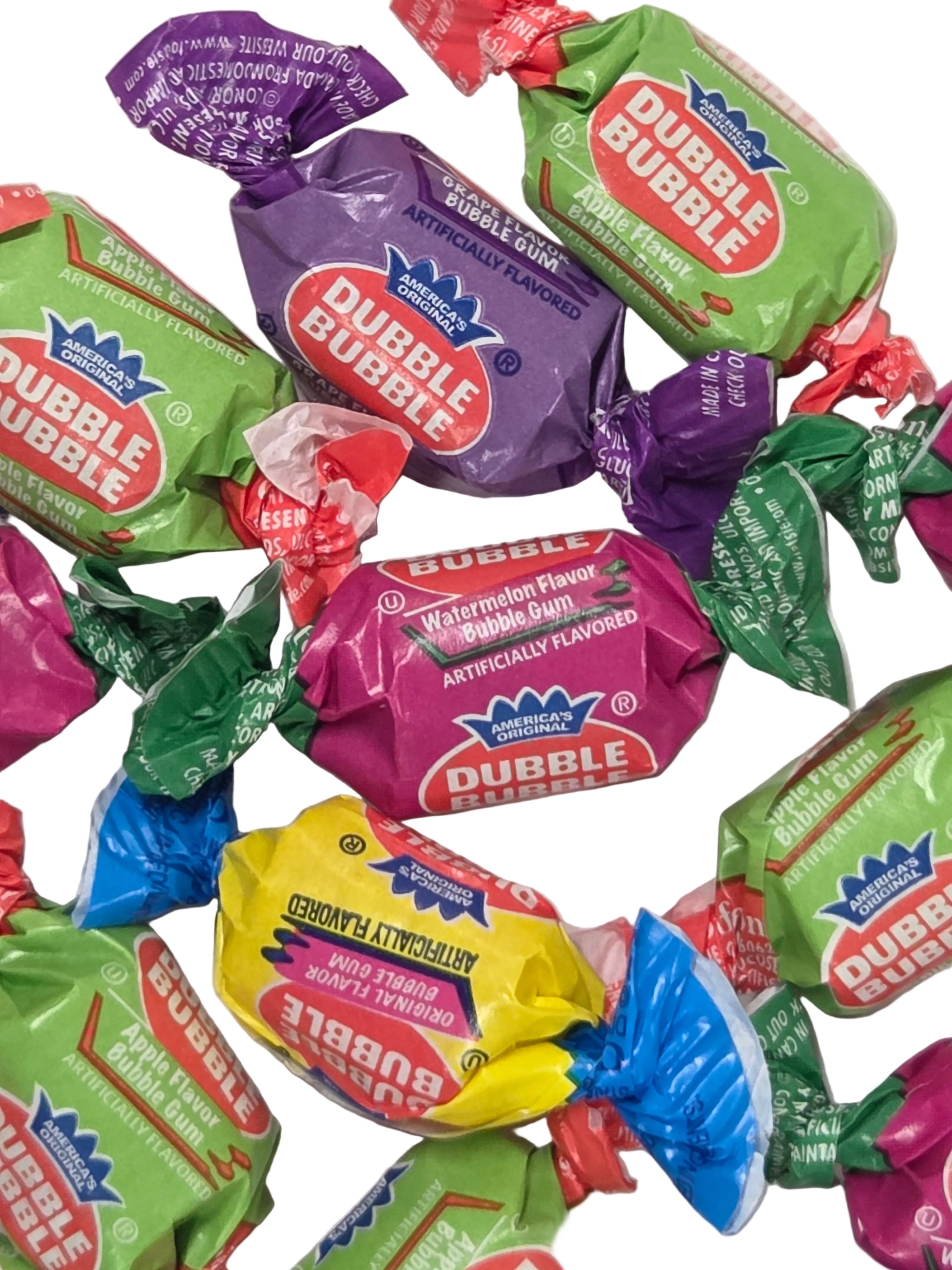 Colorful Dubble Bubble Fruit Flavors gum, individually wrapped in vibrant packaging