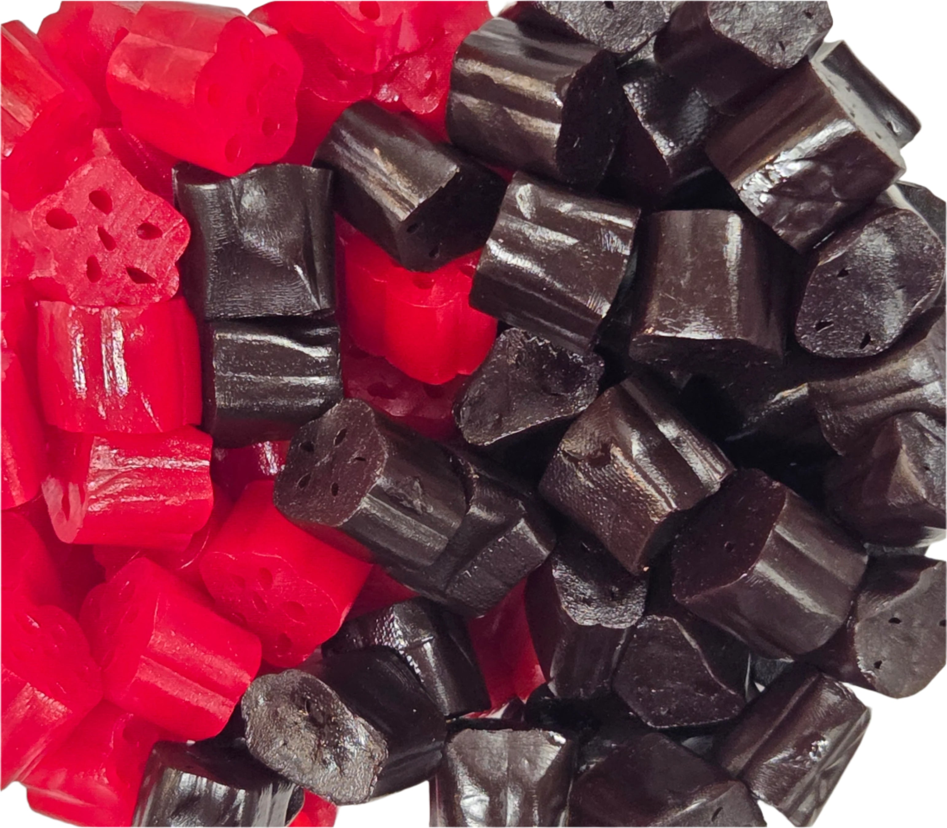 Red and black licorice cherry bites combo box candies, glossy squares
