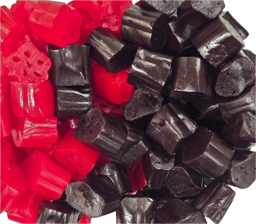Red and black licorice cherry bites combo box candies, glossy squares