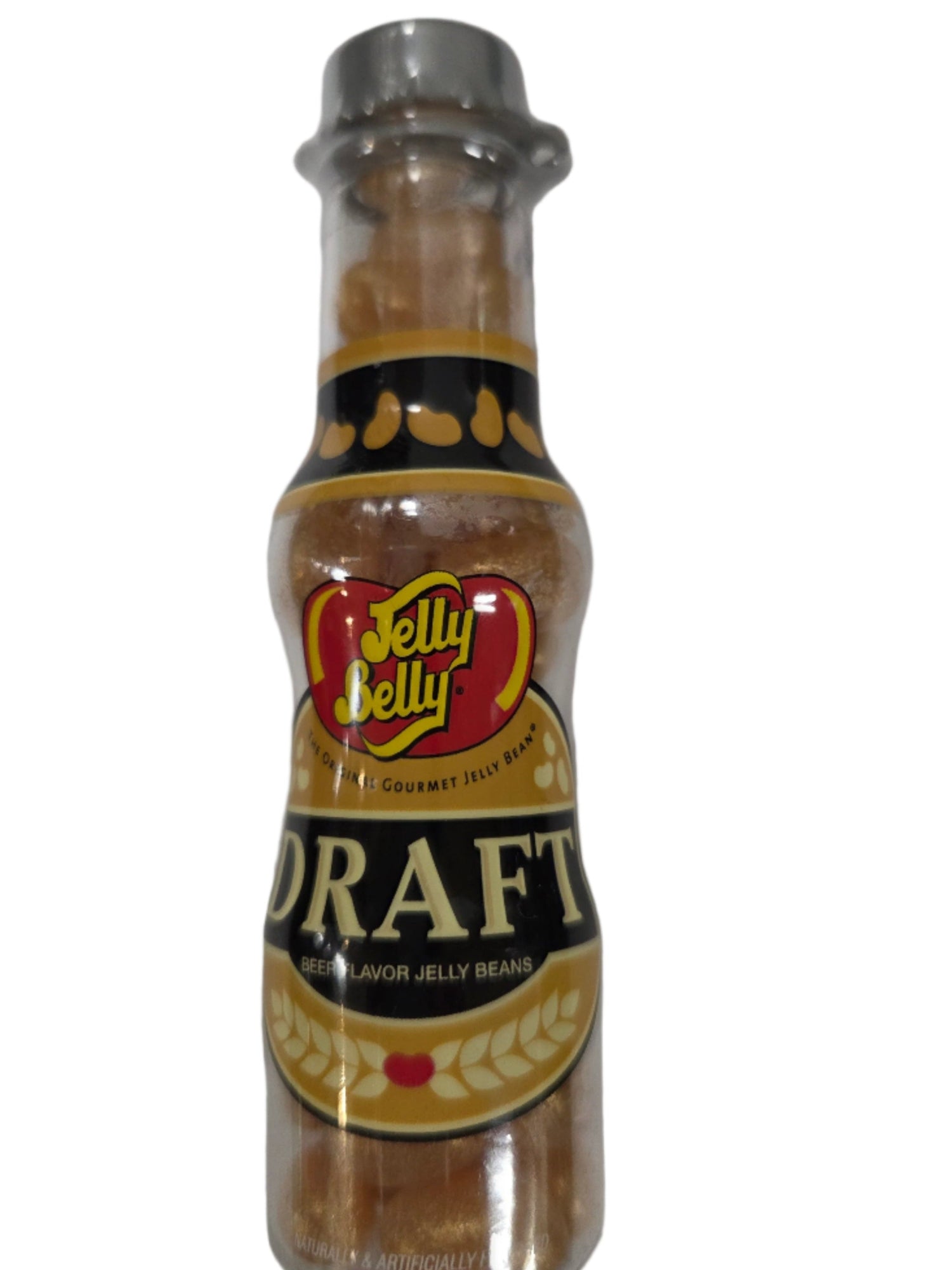 Jelly Belly Draft Beer Bottle with clear glass and silver cap