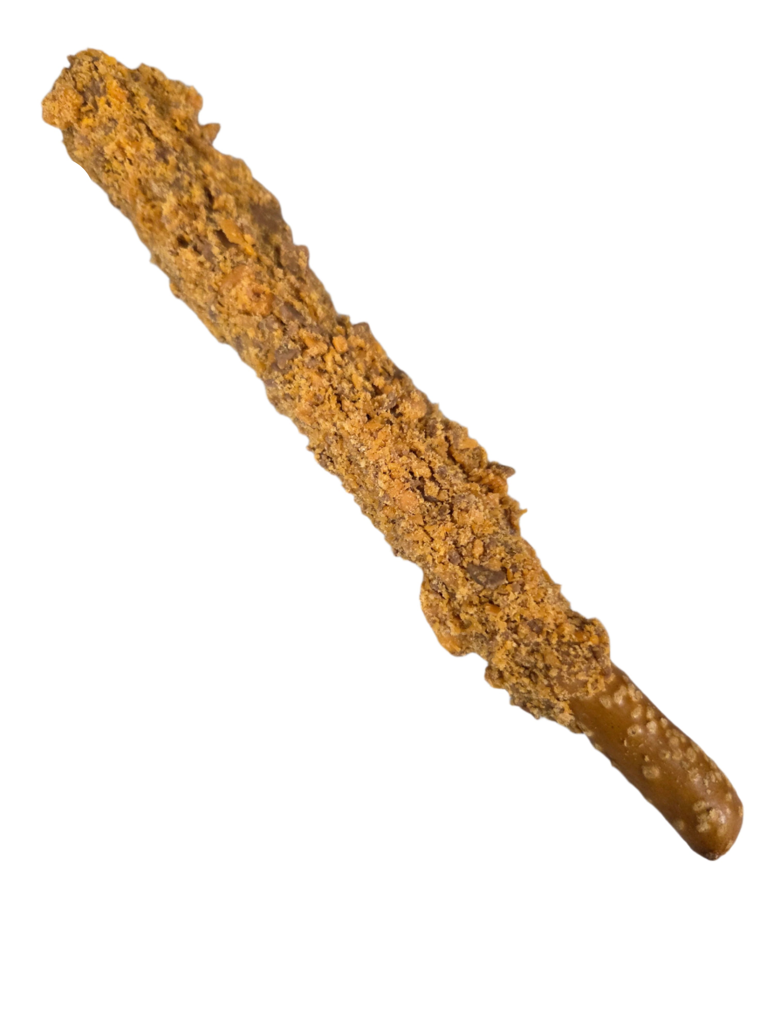 Golden-brown pretzel rod rolled in caramel and Butterfinger bits