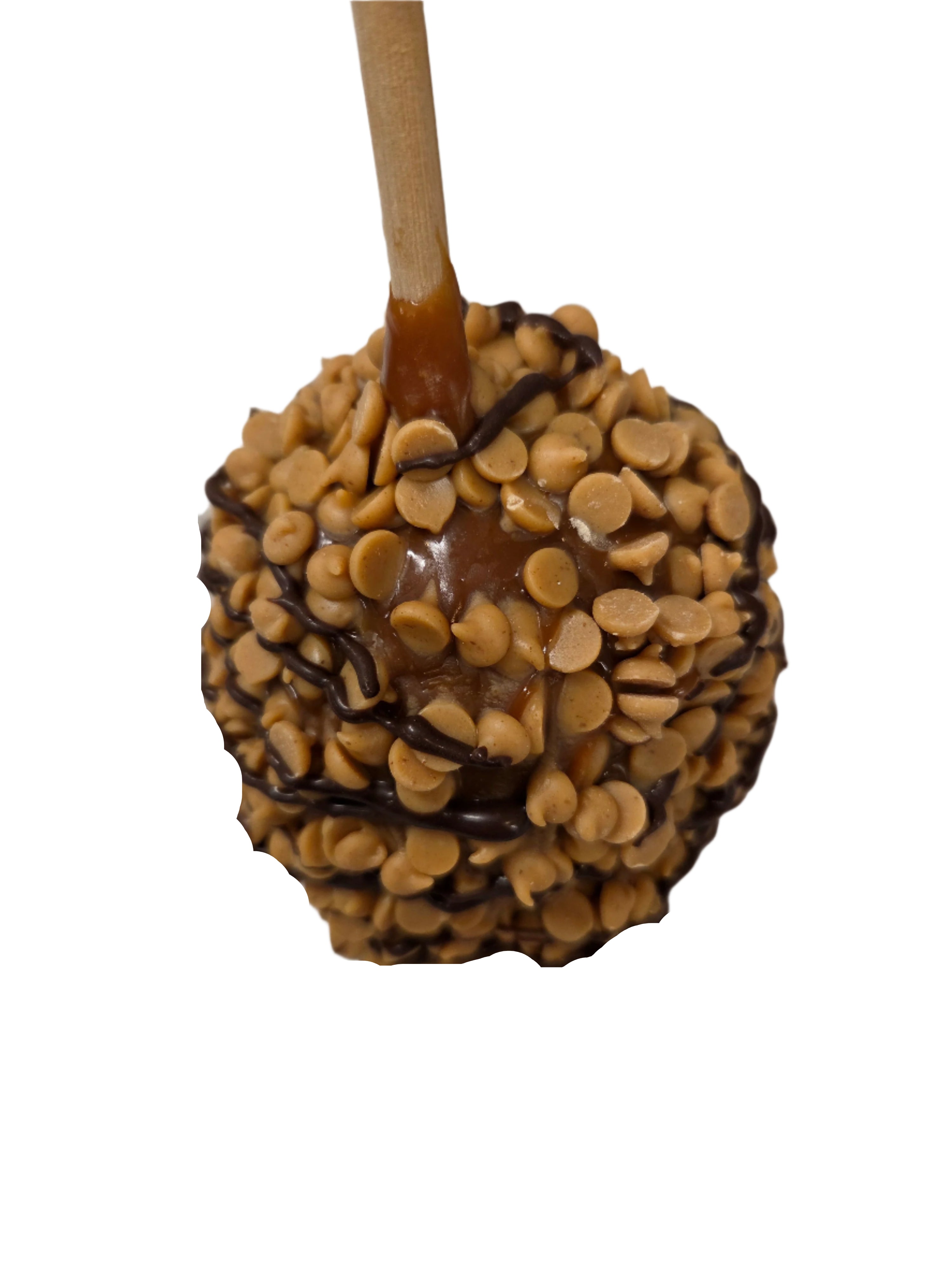 Round caramel apple with peanut butter chips and dark chocolate drizzle on stick