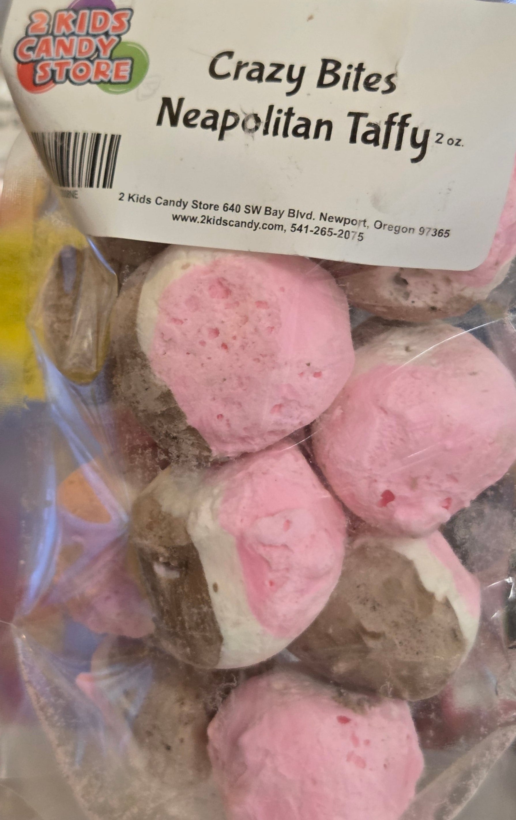 Crazy Bites Neapolitan Taffy: Pink and white candies in clear bag