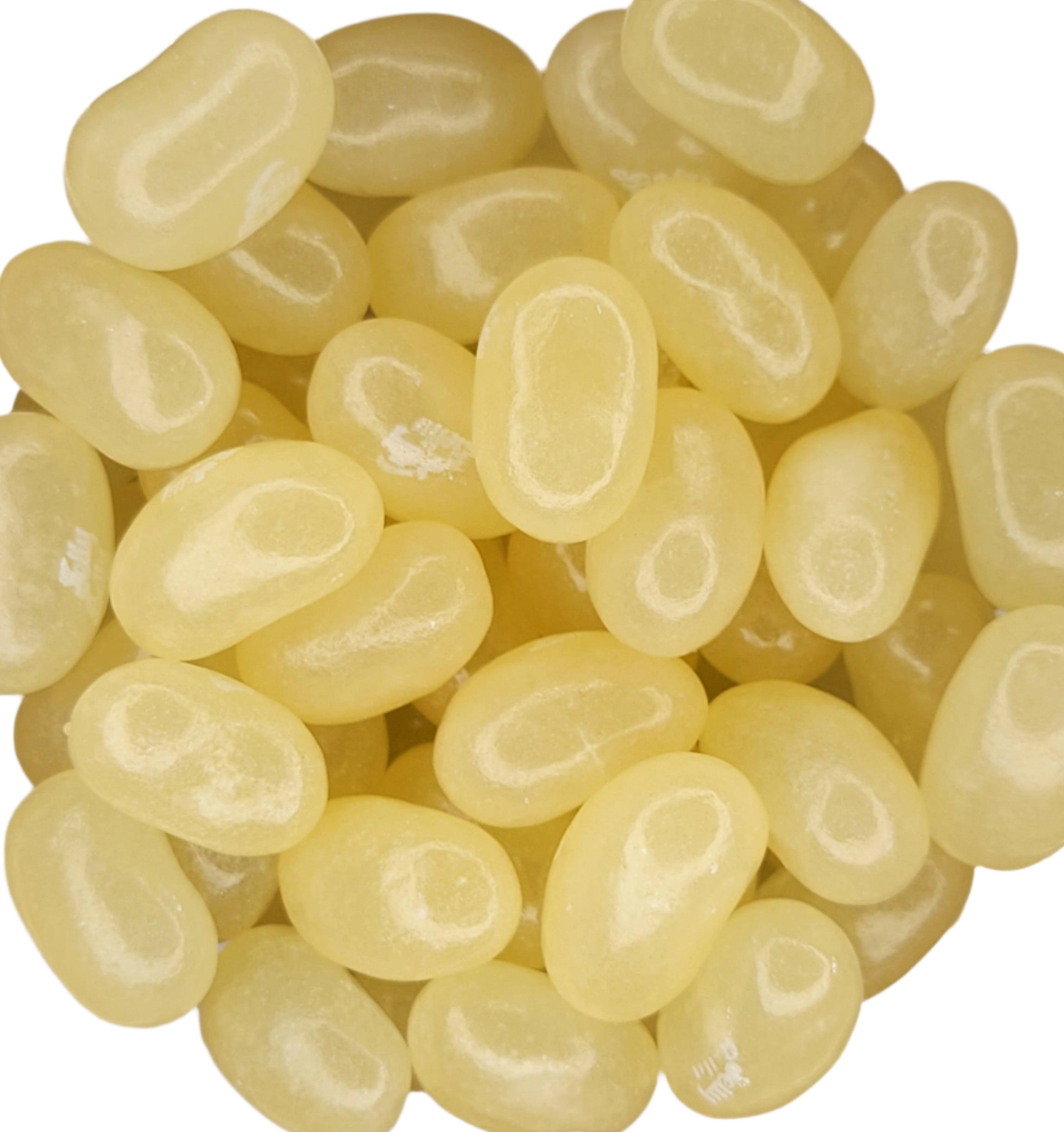 Pile of translucent pale yellow Jelly Belly A&W Cream Soda jelly beans