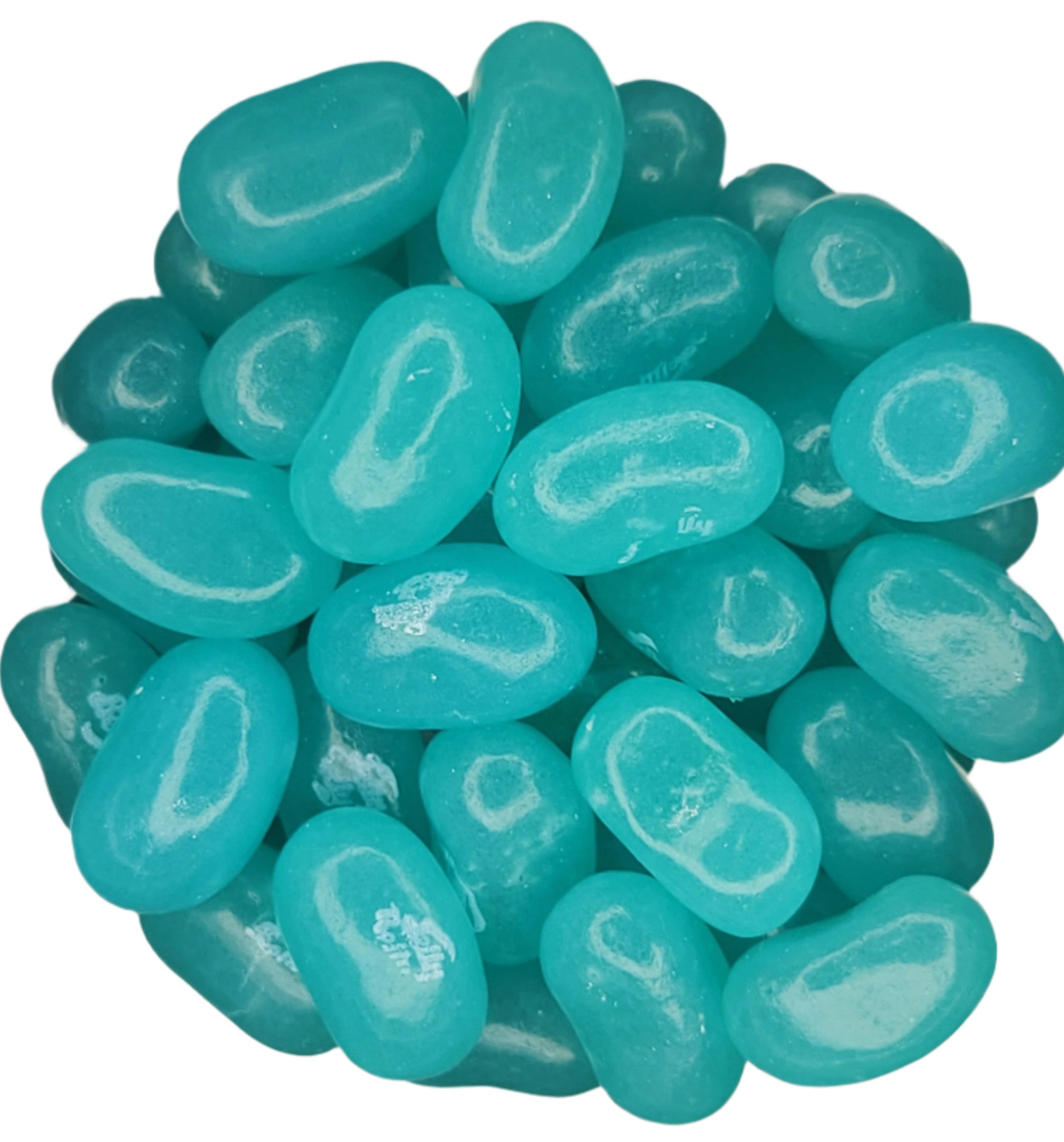 Pile of glossy translucent turquoise Jelly Belly Berry Blue jelly beans