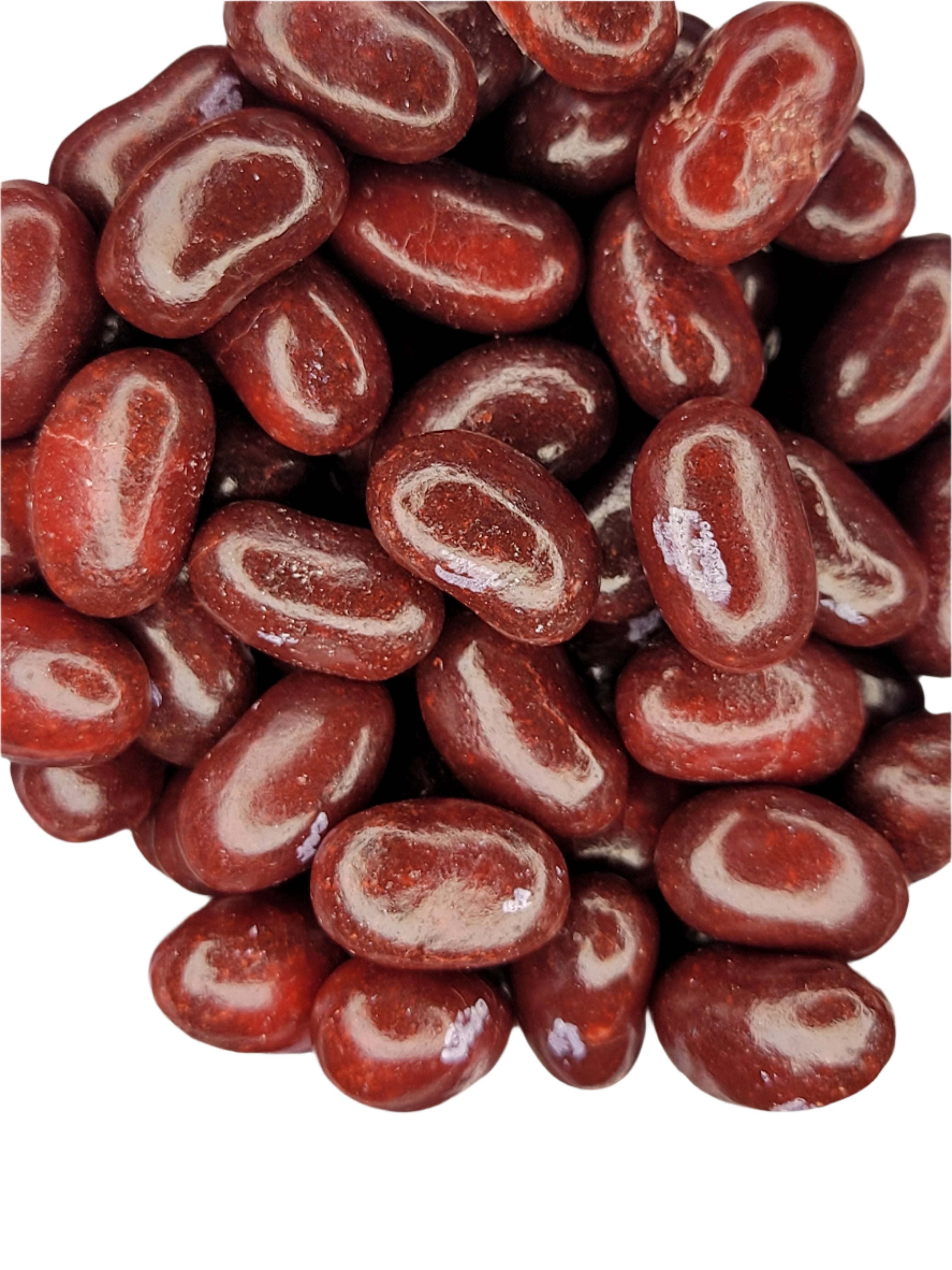 Shiny red and white Jelly Belly Dr. Pepper candy beans
