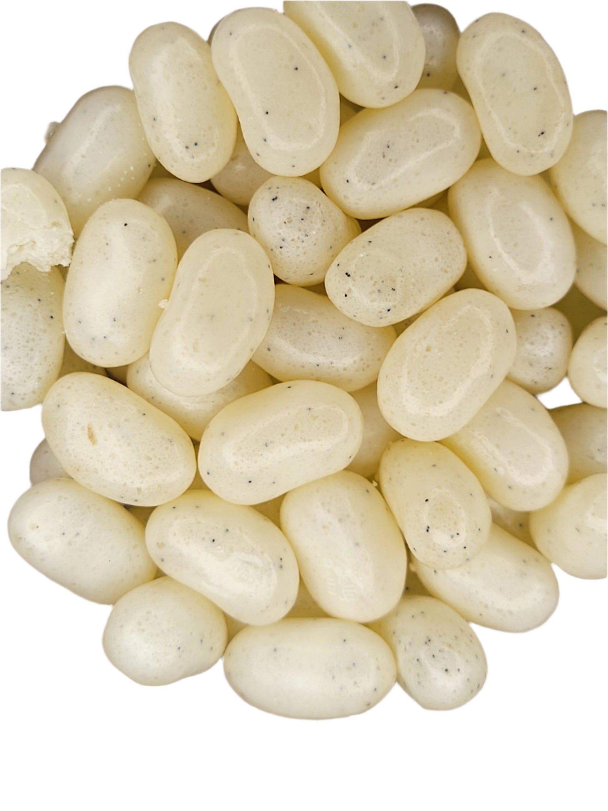 Cream-colored glossy Jelly Belly French Vanilla jelly beans with dark speckles