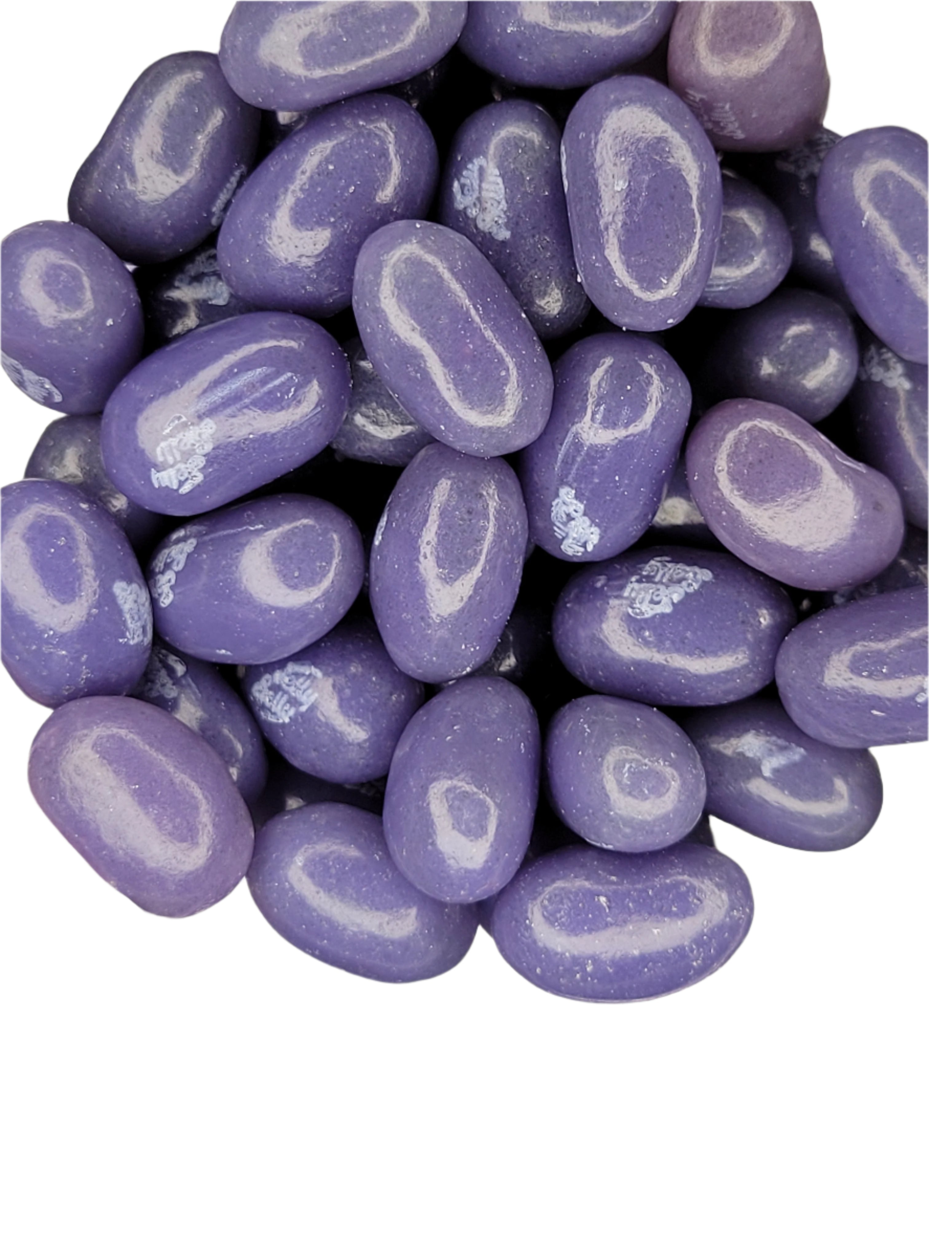 Purple Jelly Belly Island Punch jelly beans with glossy translucent coating and white swirls