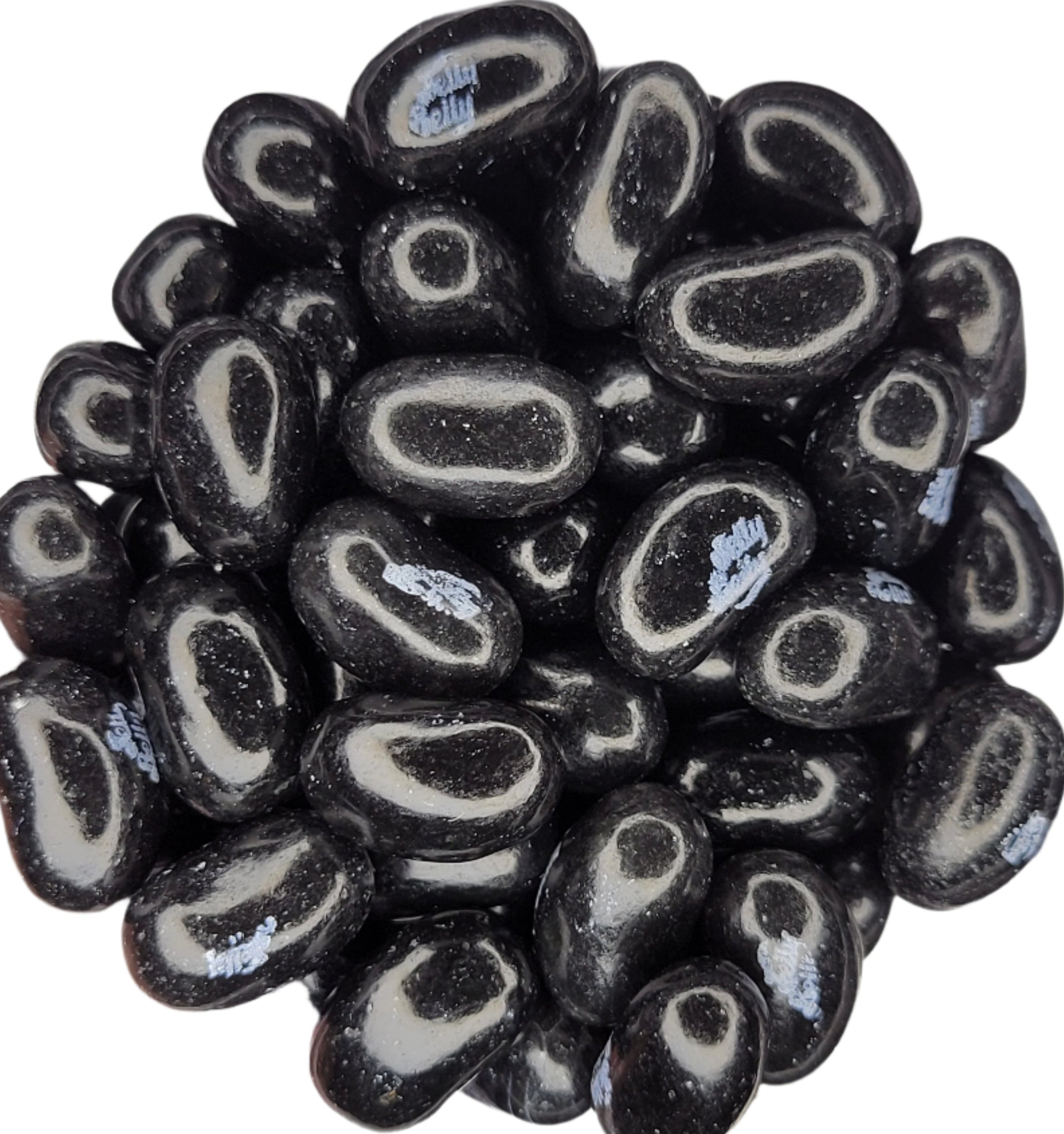 Glossy black and white Jelly Belly licorice jelly beans