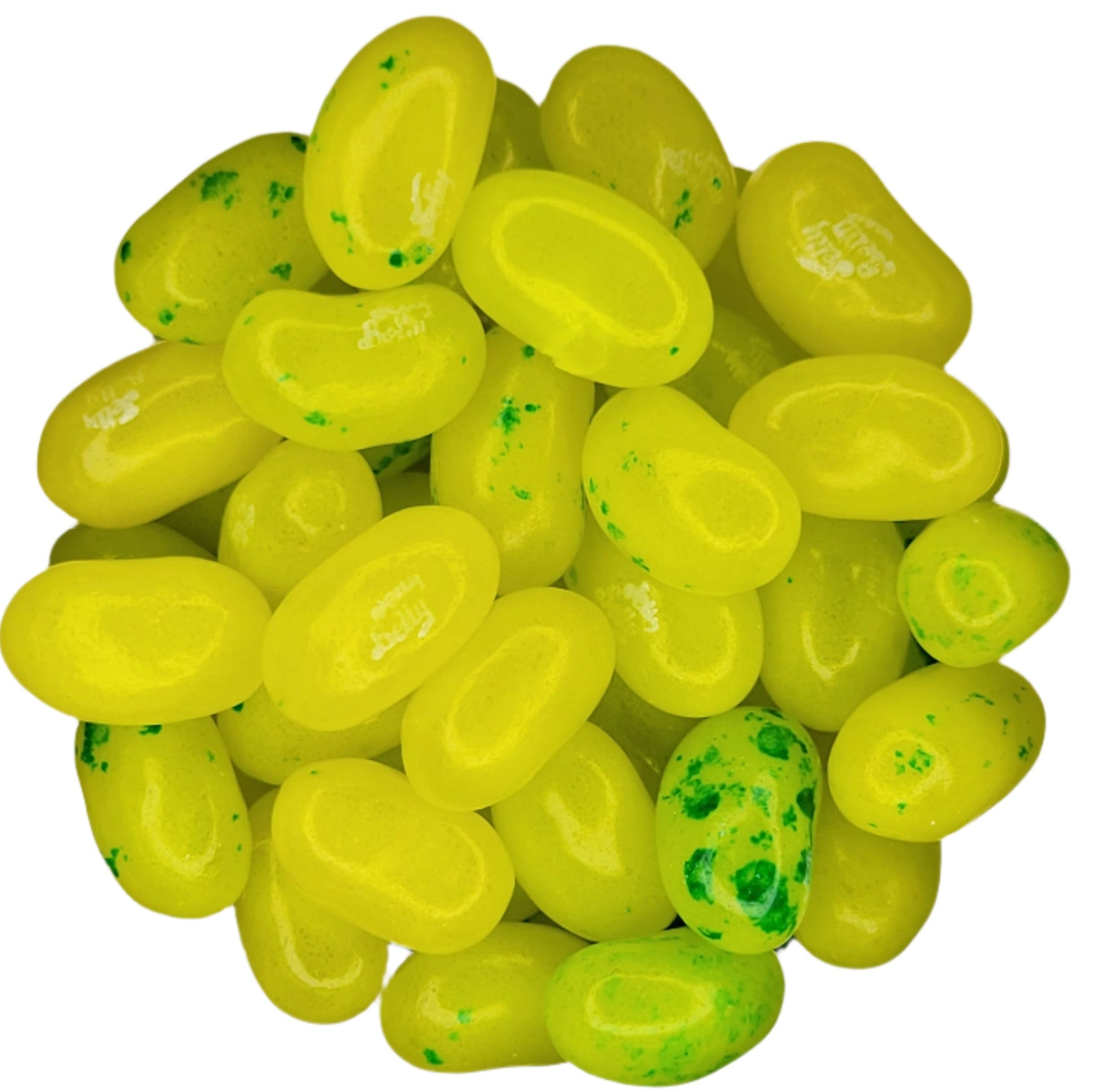 Pile of bright yellow glossy Juicy Pear Jelly Belly jelly beans with green speckles