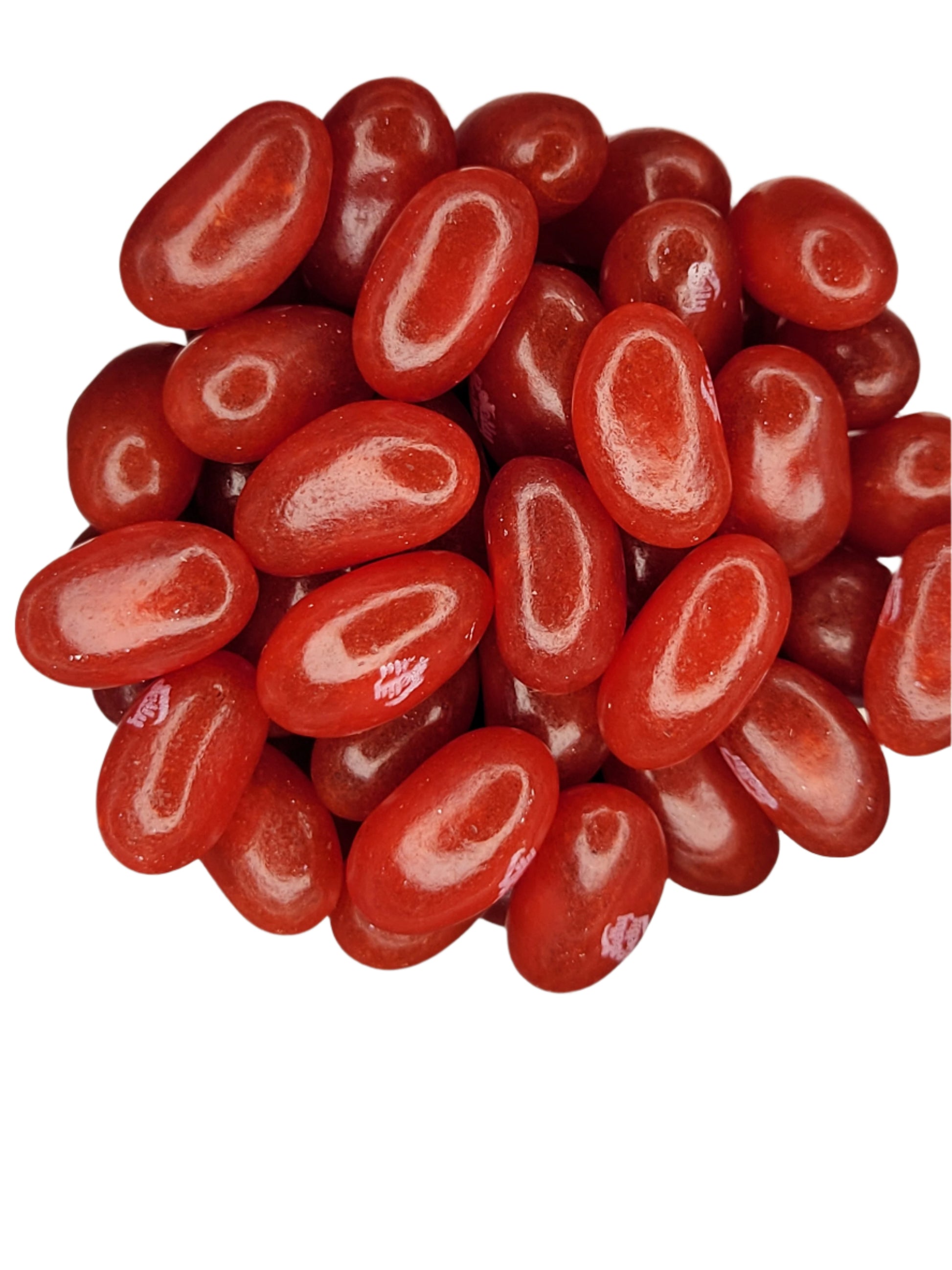 Shiny red Jelly Belly Raspberry Jelly Beans with glossy translucent coating