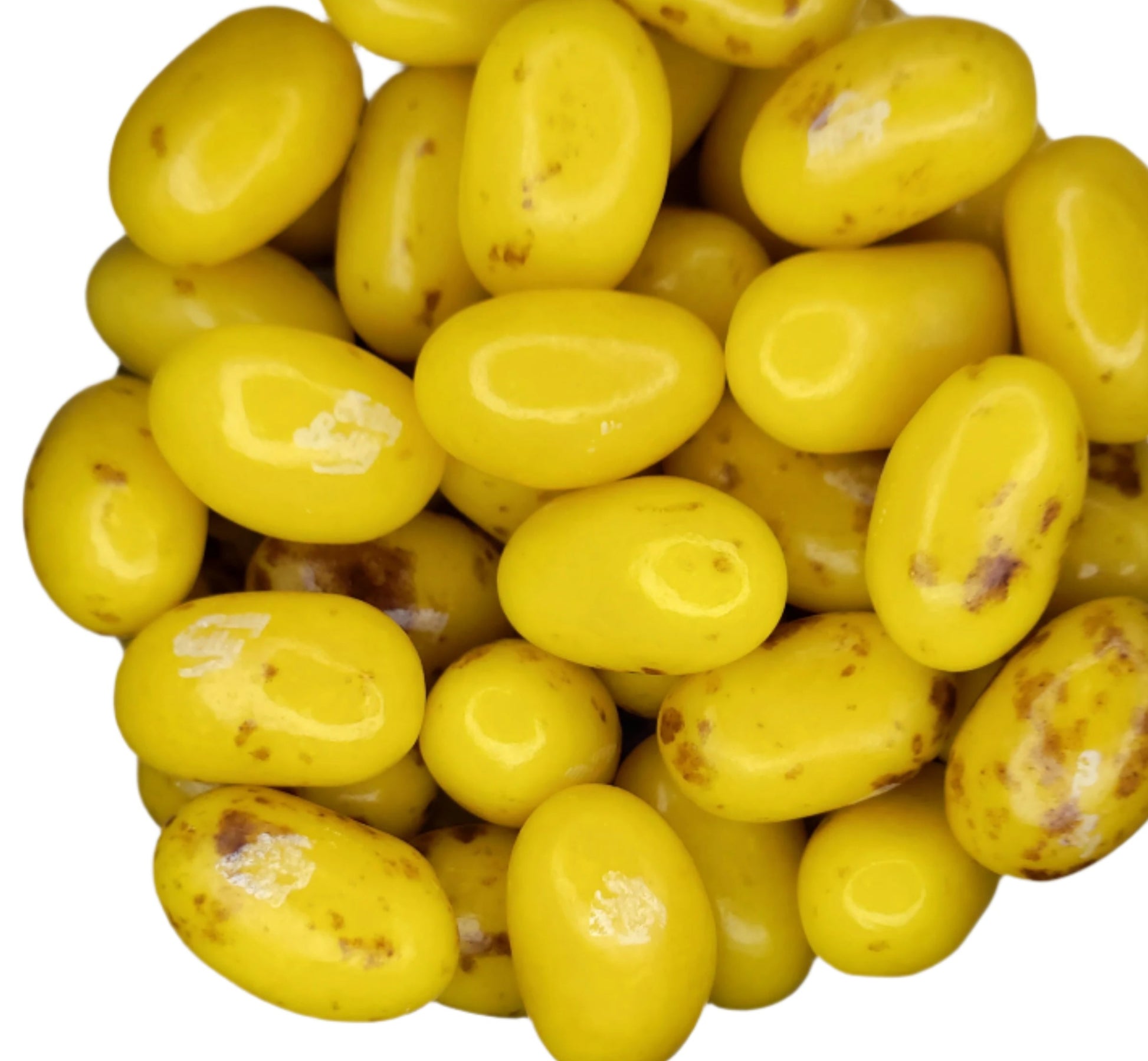 Glossy yellow Jelly Belly Top Banana jelly beans with brown speckles
