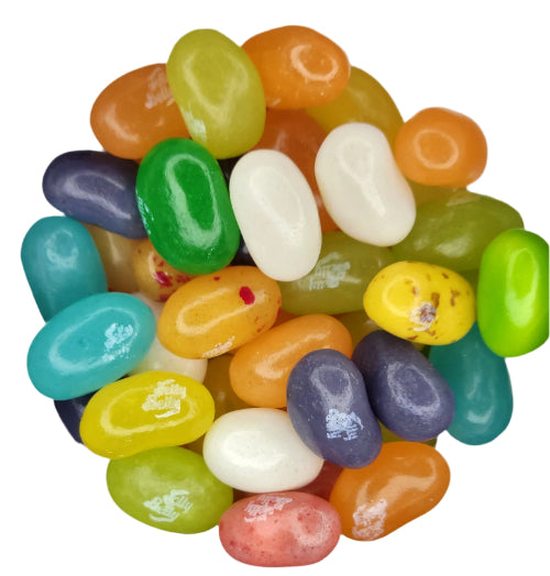 Jelly Belly Tropical Mix: colorful glossy bean-shaped jelly beans in orange, green, blue, purple, yellow, and white