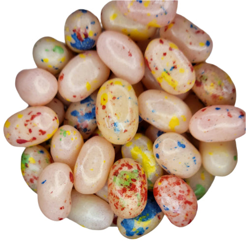 Pastel-colored Jelly Belly Tutti-Fruitti jelly beans with red, blue, yellow, green speckles