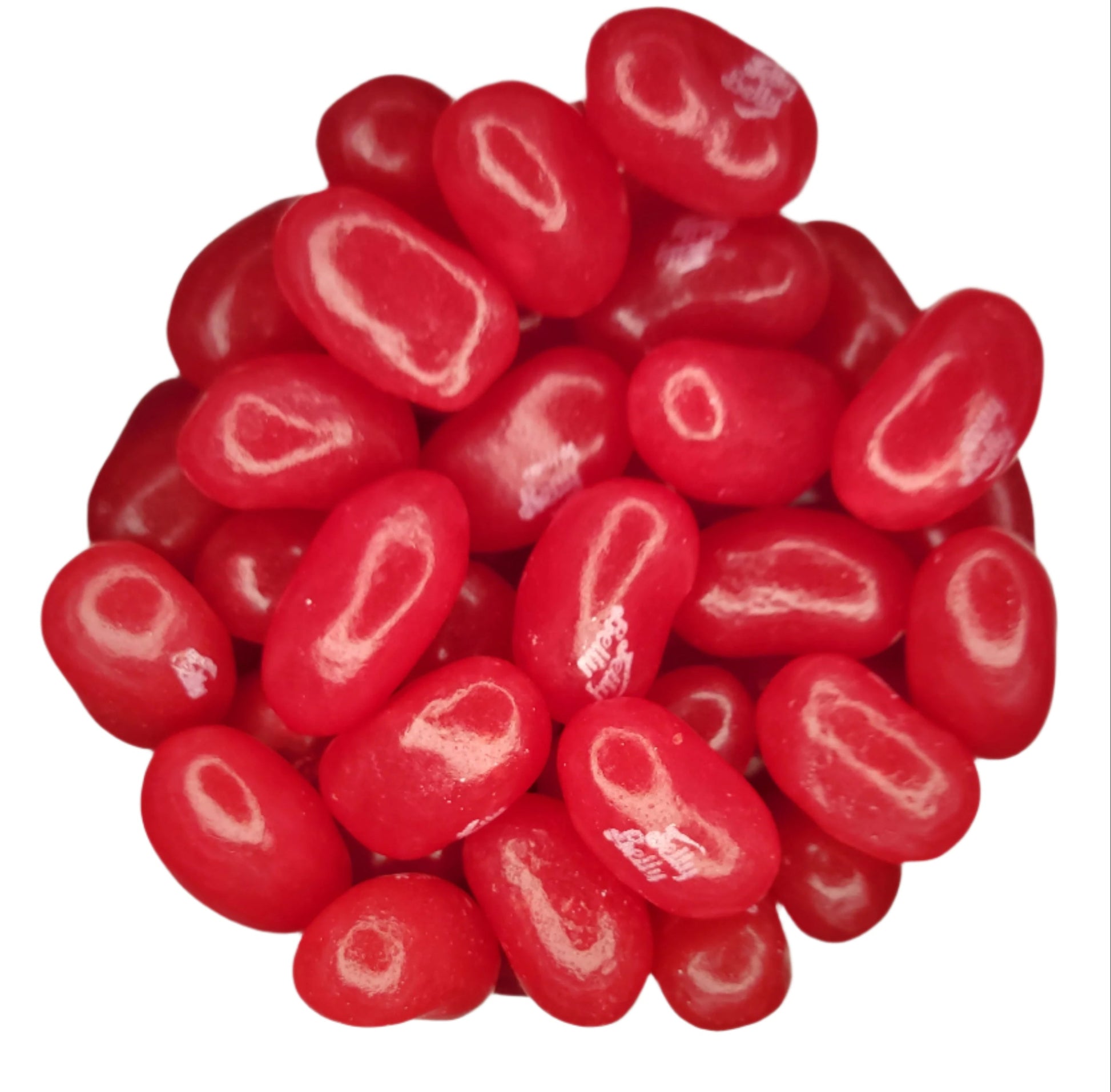Pile of glossy red Jelly Belly Very Cherry jelly beans with white swirls