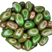 Shiny green and brown Jelly Belly Watermelon Jelly Beans with glossy translucent coating