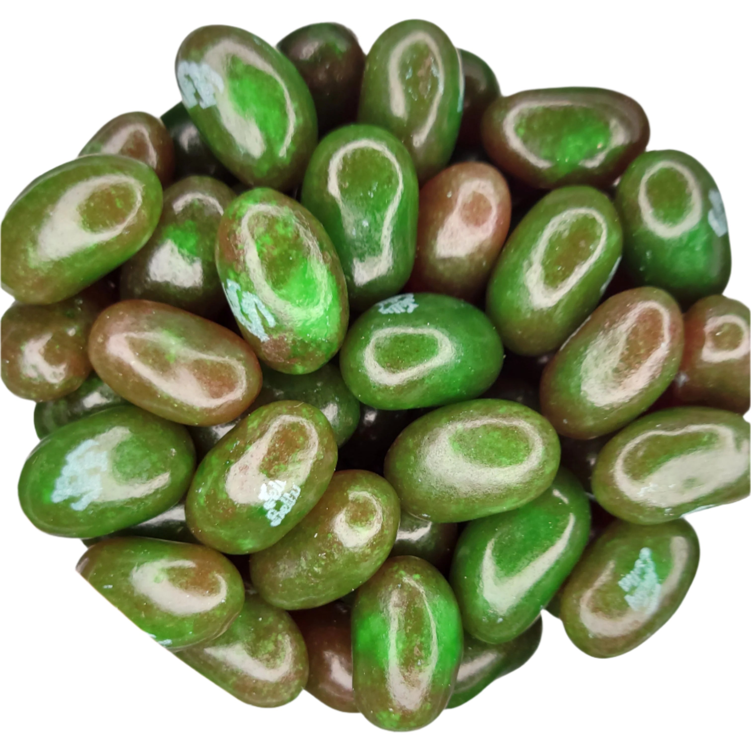 Shiny green and brown Jelly Belly Watermelon Jelly Beans with glossy translucent coating