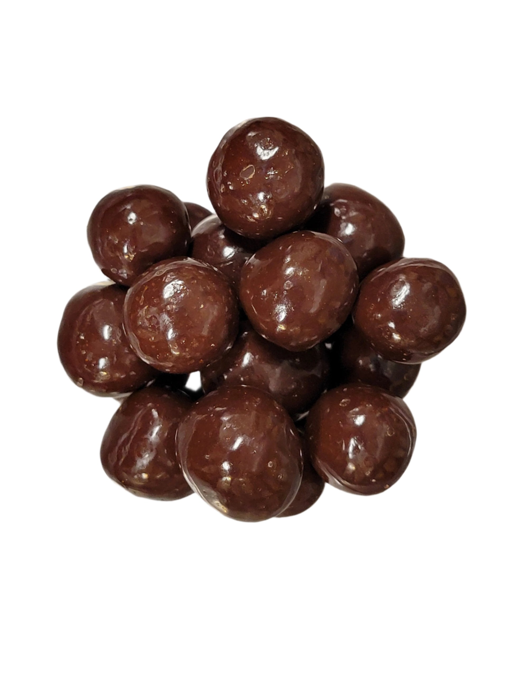 Pile of glossy raspberry cordial dark chocolate candies